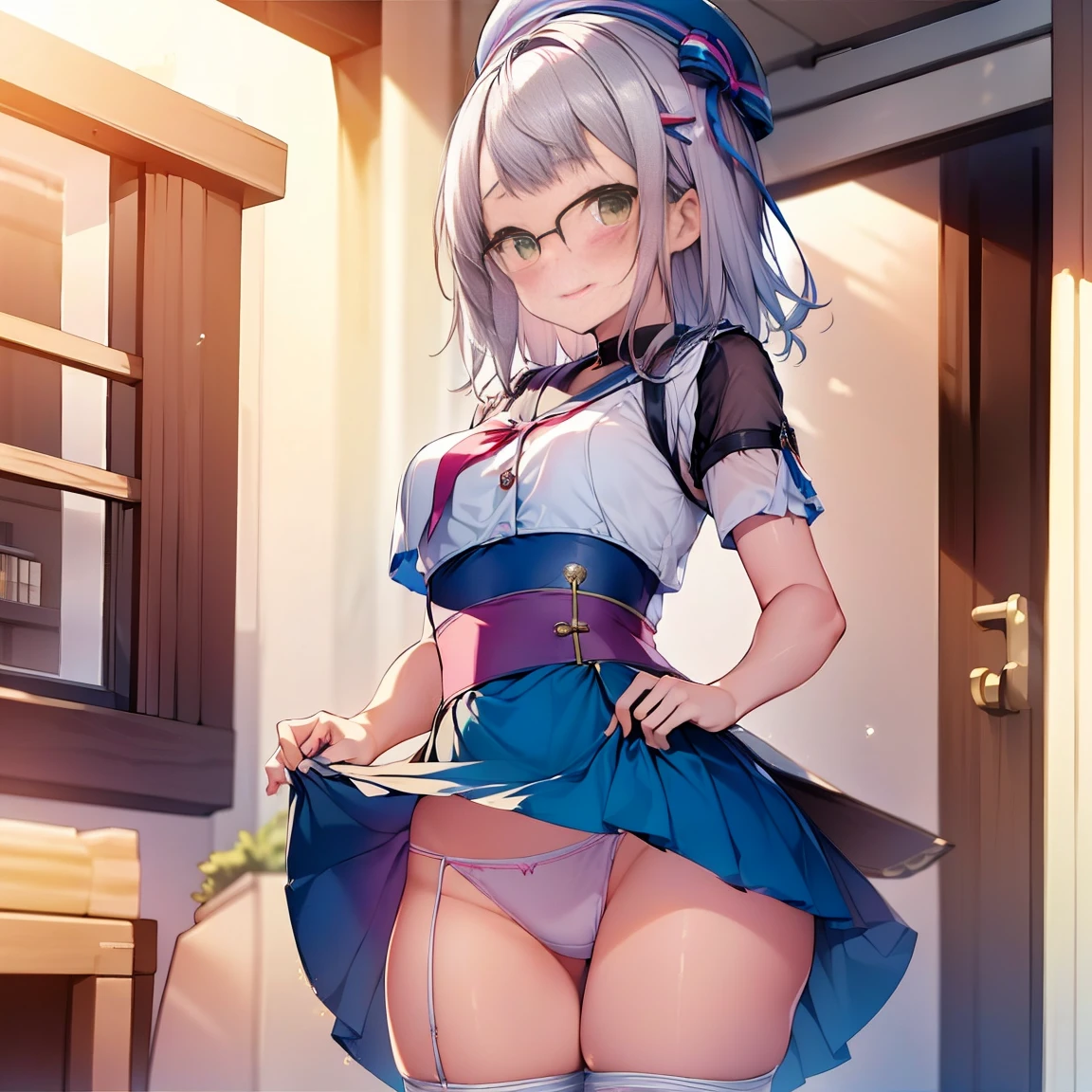 8K、masterpiece、Japanese、Woman wearing glasses、Neon(nod)、from the front、smile、Childish、Small breasts、See-through underwear、night、Bedroom、Show your underwear、mini skirt