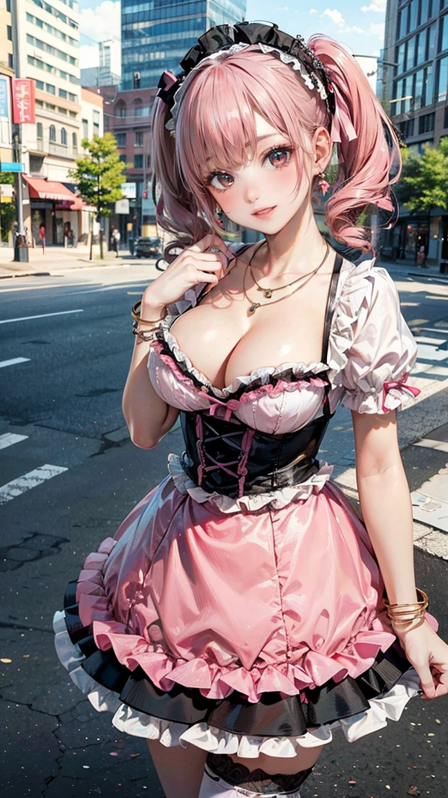 (Masterpiece, BestQuality:1.3), (ultra detailed:1.2), (hyperrealistic:1.3), (RAW photo:1.2), High detail RAW color photo, professional photograph, (Photorealistic:1.4), (realistic:1.4), professional lighting, perfect anatomy, (Big Breasts:1.1), (blush, detailed face), (cheerful Smile:1.5), Trending Hair&Trending Hairカラーをランダムに, earrings, necklace, bracelet, sexly, erotic sexly, Random sexy gravure poses, (A beautiful pink-haired girl in ta fashion is in a city street square。hair is twin tail、spread your skirt。:1.3)