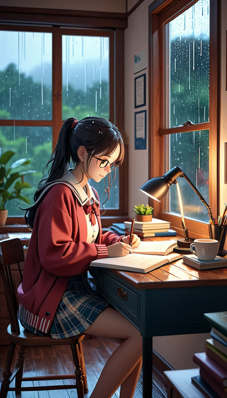 A girl studying at the desk, with rain in the window, cute clothes, cozy ambiance, 8K, Detailed.