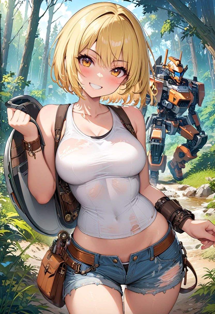 ((((masterpiece)))), expensive quality, very_expensive_solve, big_file size, Full Color, Steampunk depicting a planet of the future,, In the distant forest, A bustling foreign market, Off-road bikes. The main character is a girl with a beautiful upper body, blonde, short bob, silver, smiling, Mechanized weapons. Wearing a white tank top, Distressed denim shorts, Engineer boot, Off-road bikesに乗る. beauty,