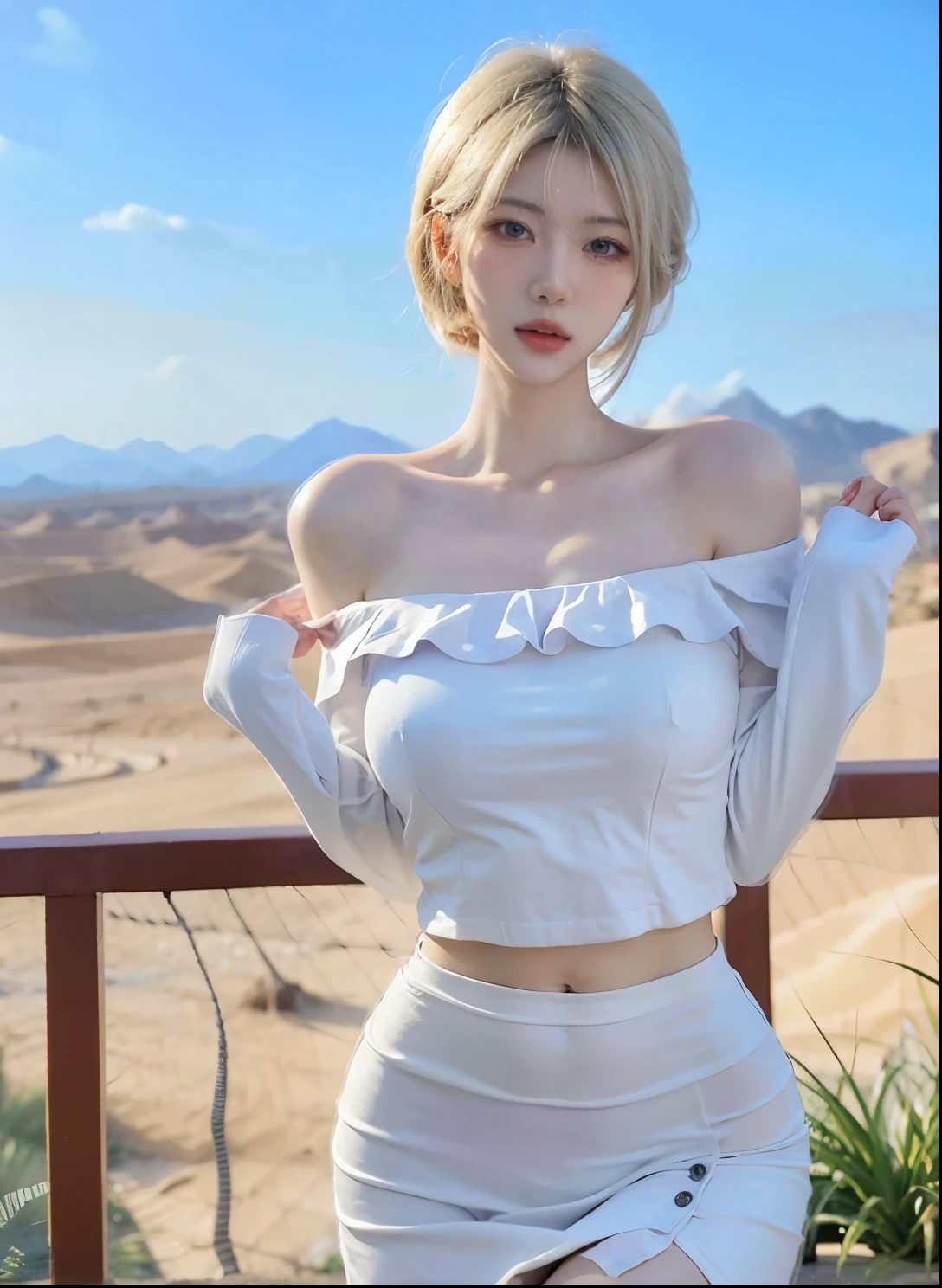 Beautiful woman with perfect figure:1.4,Desert Background,Desert Background,Ultra-high resolution,Seductive laughter,wear glasses,(lifelike:1.4),Layered Hairstyle,White皮肤,Super short pleated skirt,whole body,Very delicate face and skin texture,Double eyelids,Skin Whitening,Long hair,White hair,White,