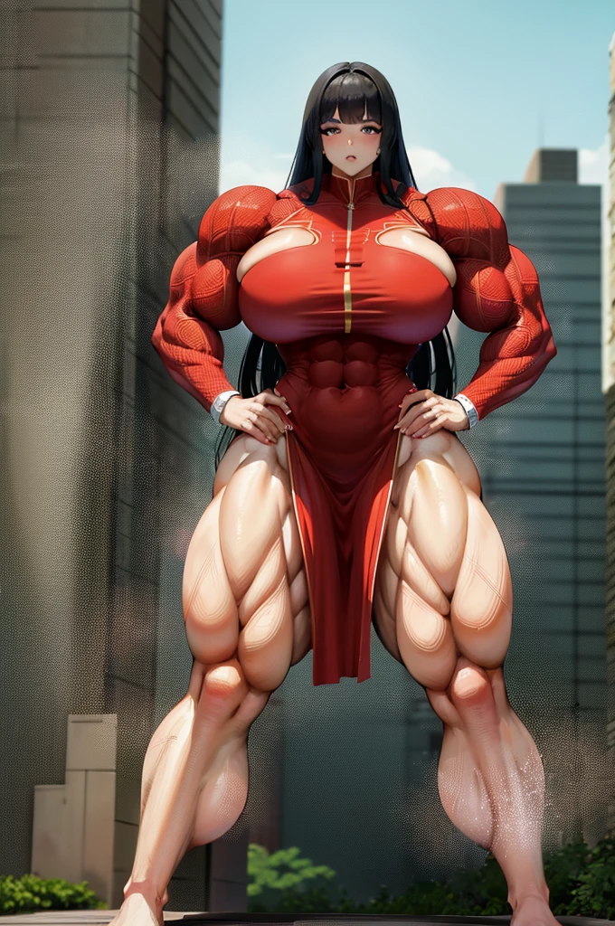 raffe woman in a red dress posing on a street, heavy looking, thicc, giantess art, highly detailed giantess shot, thick body, massive legs towering over you, muscular ultraviolent woman, powerful and huge, hyperrealistic full figure, exaggeratedly large physique, large muscles, extremely detailed giantess 