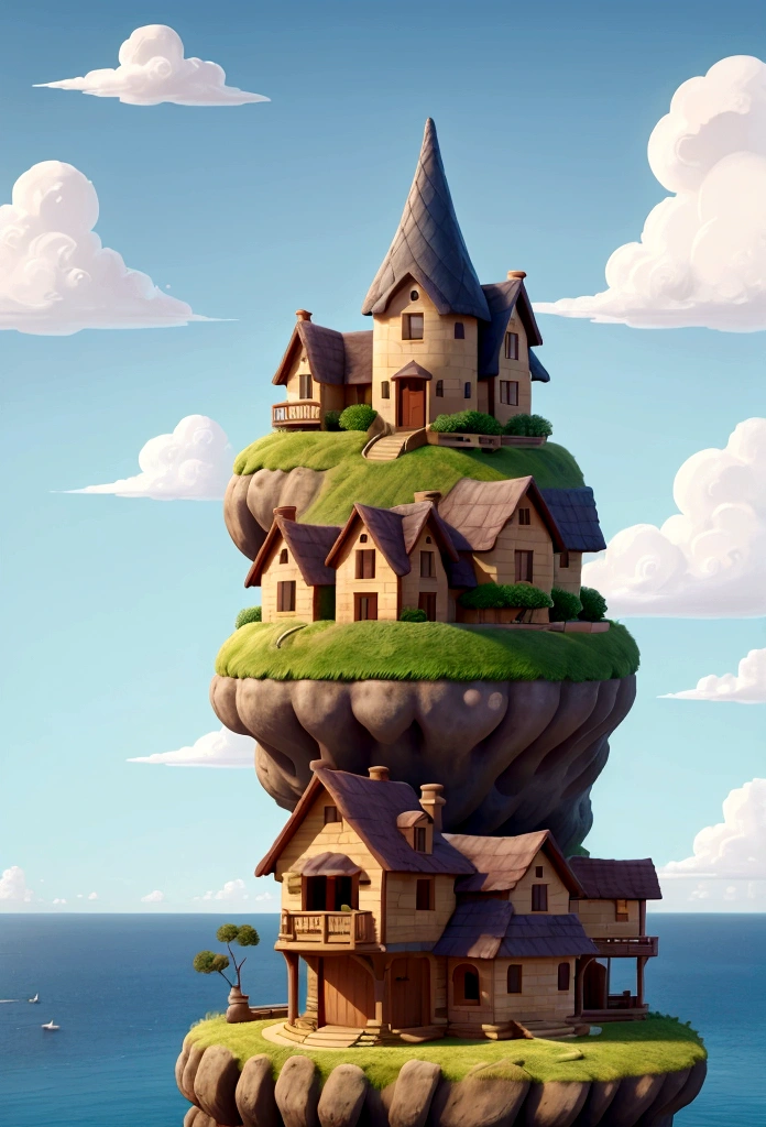 There is a mysterious house on the hill, A house with a round roof, The ocean stretches out in the distance, Humorous illustrations, Concept Art