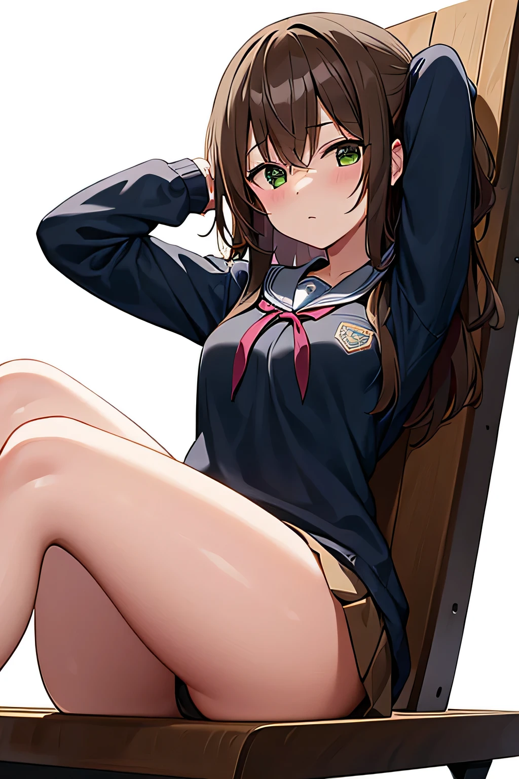 Cute,anime highschool girl,sitting,white background,brown hair and green eyes