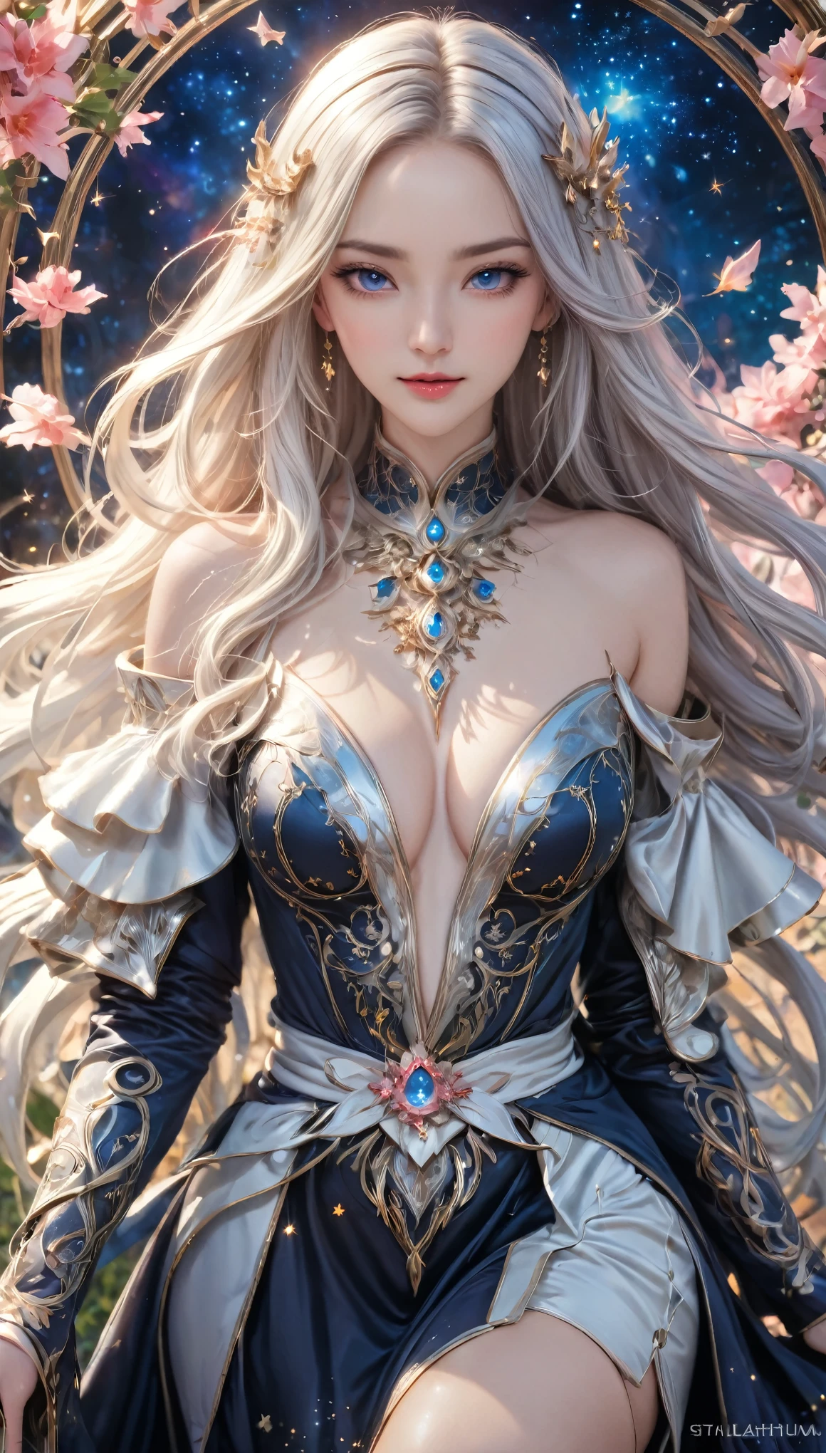 8K resolution, masterpiece, Highest quality, Award-winning works, unrealistic, From above, erotic, sole sexy lady, healthy shaped body, 22 years old, white mage, 170cm tall, huge firm bouncing busts,, white silver long wavy hair, Detailed facial depictions, Break, Mysterious blue eyes, Standard nose, Eyeliner, pink lips, sexy long legs, Clear skin, knight, A gorgeous long walking stick in seven colors, Gothic , Gothic ruffle long dress, A dress with a complex structure, Seven-colored colorful dress, Clothed in flames, Phoenix Crest, elegant, Very detailed, Delicate depiction of hair, miniature painting, Digital Painting, artステーションコンセプトart, Smooth, Sharp focus, shape, artジャム、Greg Rutkowski、Alphonse Mucha、William Adolphe Bouguereau、art:Stephanie Law , Royal Jewel, nature, Symmetric, Greg Rutkowski, Charlie Bowwater, Unreal, Surreal, Dynamic Lighting, ファンタジーart, Complex colors, Colorful magic circle, flash, dynamic sexy poses, A kind smile, Mysterious Background, Aura, A gentle gaze, BREAK, Small faint lights and flying fireflies, night, lanthanum, 山の頂From above下界を見下ろす, Starry Sky, milky way, nebula, shooting star,, (Back view, Looking back towards the camera:1.3),
