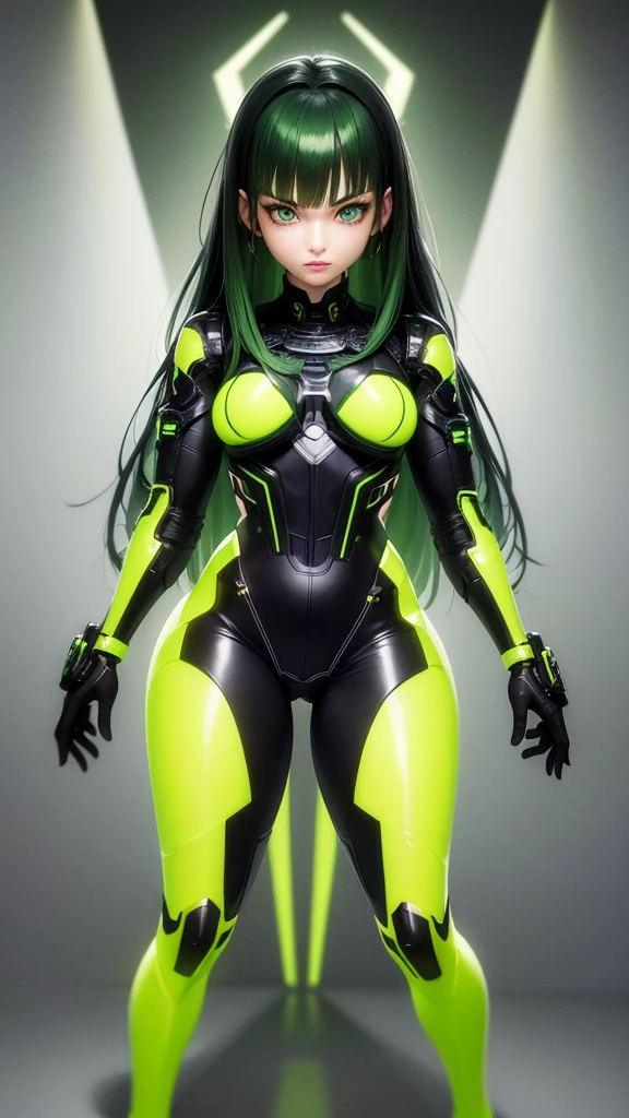 full body picture Unreal Engine 5 8K UHD of beautiful girl, green Japanese style long hair, wearing futuristic black tight battle suit, half face mask, futuristic neck collar, grass green light details, Best quality, 巨作