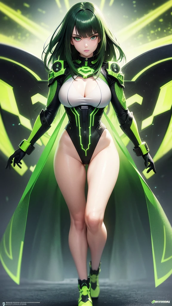 masterpiece, highest quality, (solo focus), (perfect face:1.1), (full body), (high detail:1.1), (hyper detailed eyes), dramatic, a woman with palefreckledskin and long dark green hair, bright green eyes, solo, arrogant expression, neon cybernetic outfit, white background, art by artgerm, cinematic lighting, fashion, BalenciagaStyle