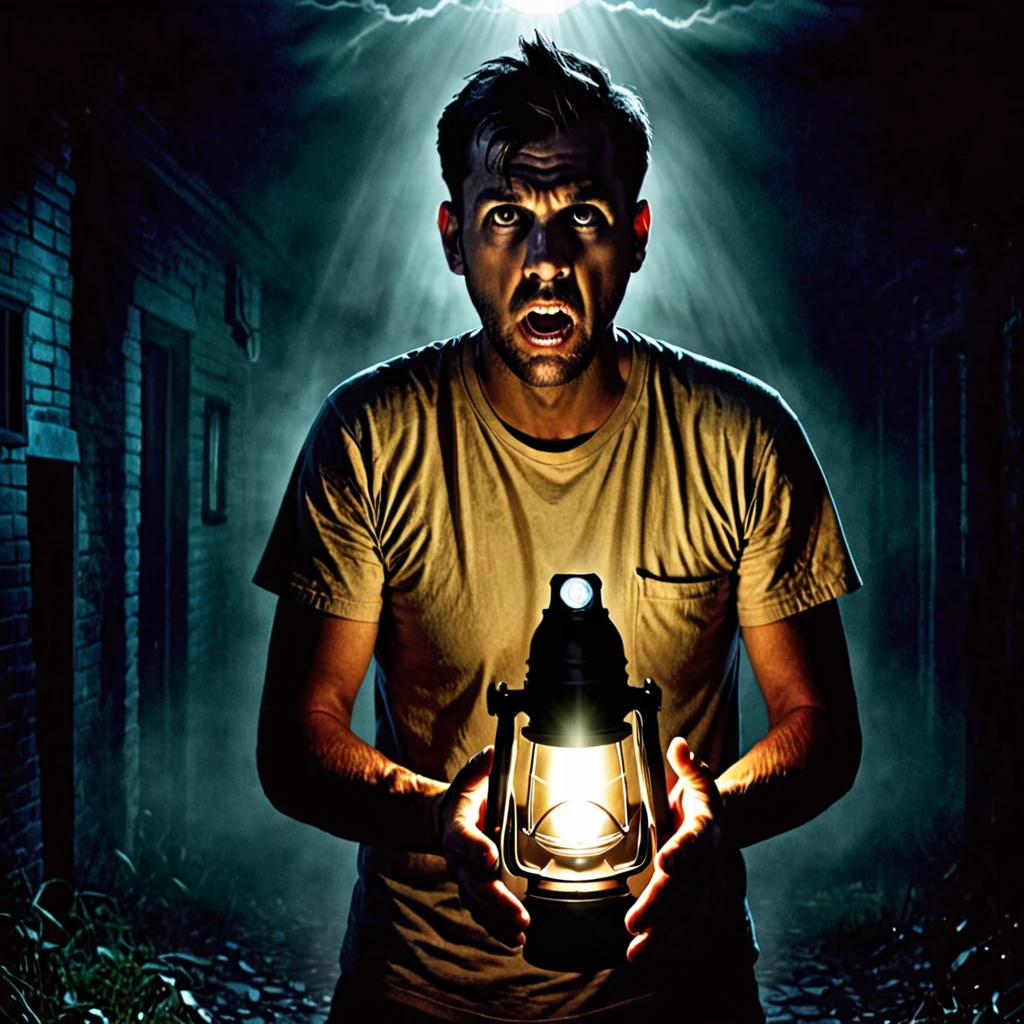 Front man holding a flashlight, hands in front, big teats, detailded, with a scared face, num horror atmosphere, HD, ultrarealistic, background with ghosts.