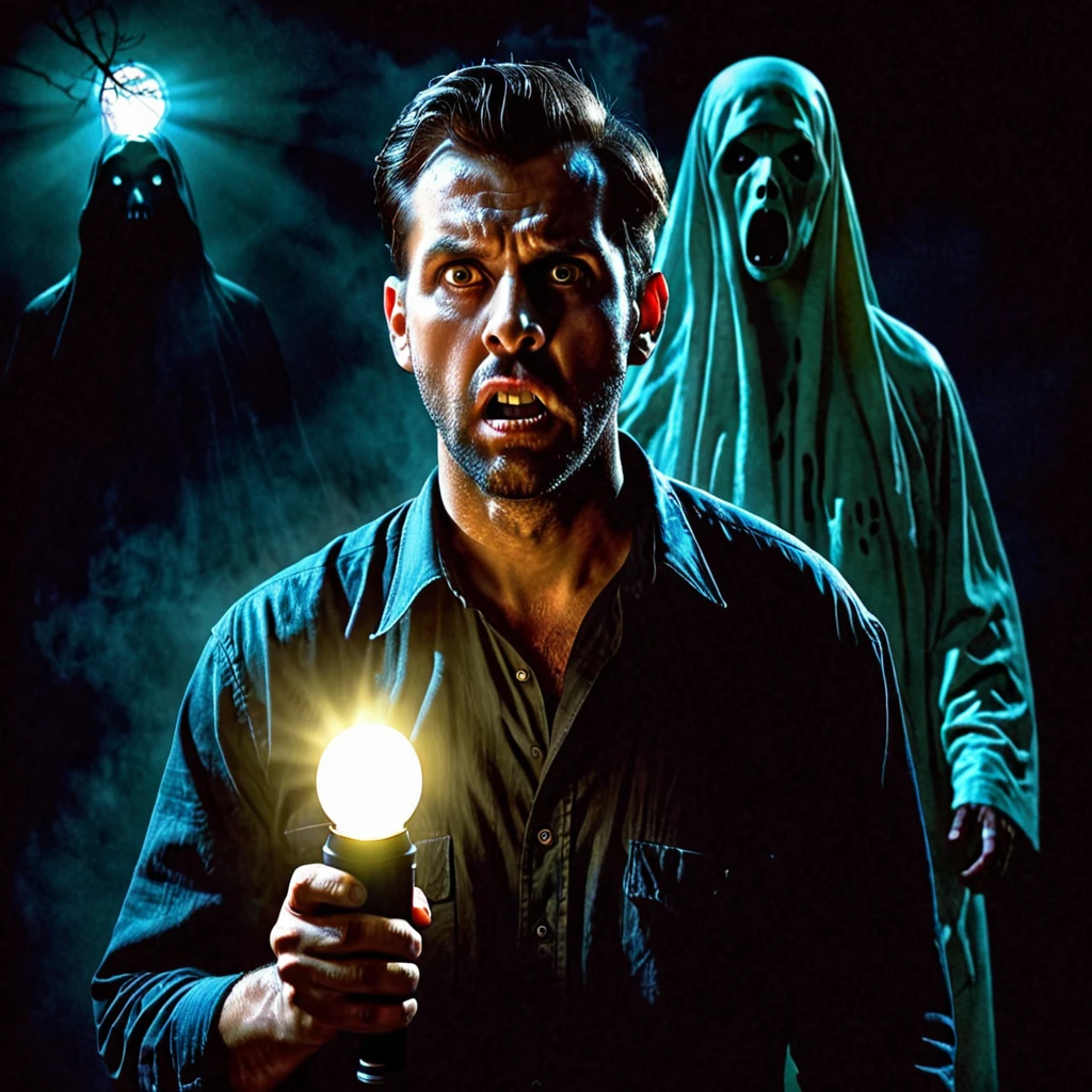 Front man holding a flashlight, hands in front, big teats, detailded, with a scared face, num horror atmosphere, HD, ultrarealistic, background with ghosts.