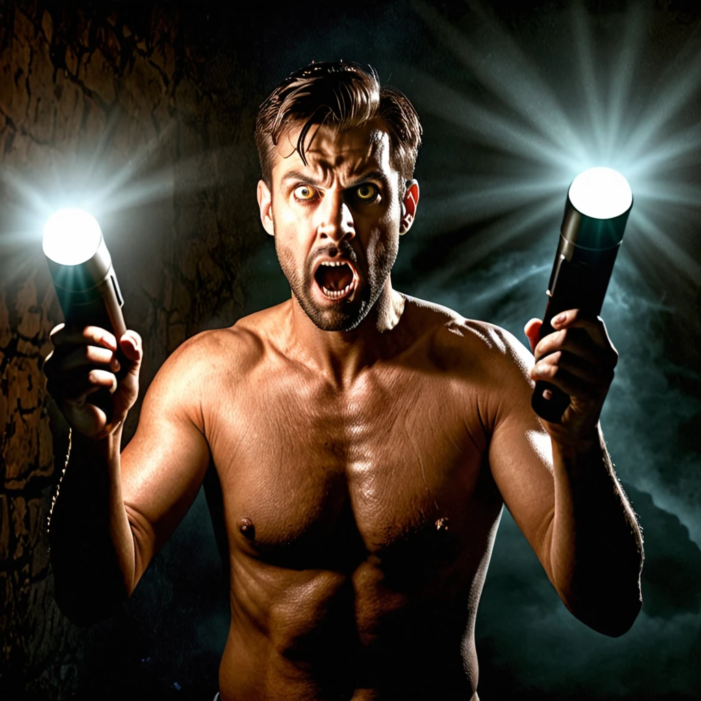 Front man holding a flashlight, hands in front, big teats, detailded, with a scared face, num horror atmosphere, HD, ultrarealistic, background with ghosts.