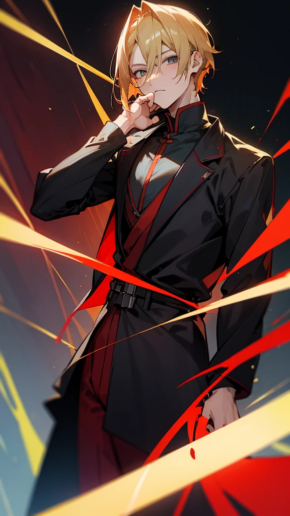 timochal2023, 1 men, brawny, o Matrix, anime clothes, hair blonde, black and red outfit, hand on the chin
