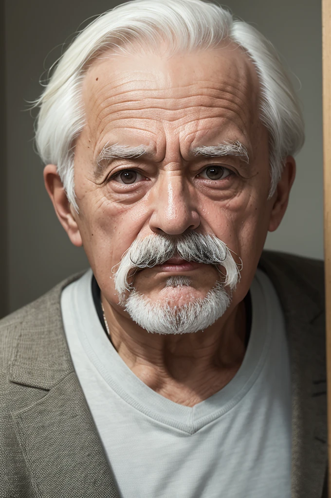 Create an image of a short man, offwhite, over 70 years old, paunchy, calvo, round head and mustache. 