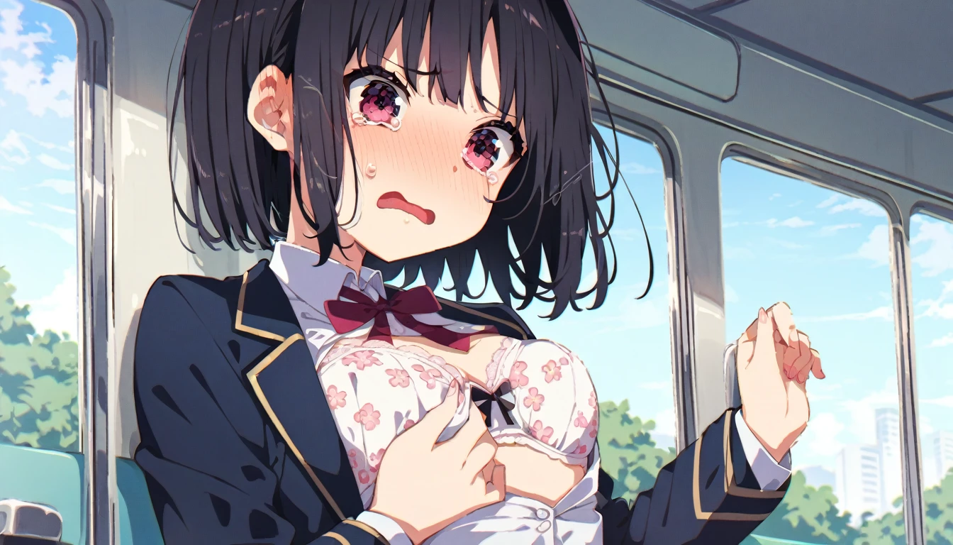 Black hair in a blazer uniform on the train、A girl with short bobs and small breasts wearing a floral bra is crying in disgust after a molester opens the front of her blouse and touches her breasts over her bra.