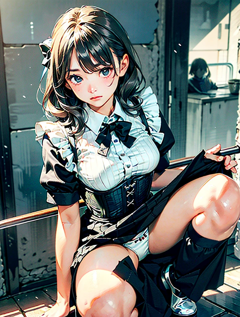 RAW Photos, Highest quality, High resolution, Realistic, One girl、Young Japanese Girl, , whole bodyポートレート, Expressionless, poker face, Stone Face, model, Big Breasts,, Wavy Hair, Curly Hair, Gray Hair, Silver Hair, Light brown hair, Hollow Eyes, Hollow Eyes, ((Thin thighs)), Diagonal bangs, Cute face, Shiny skin, Beautiful body, Beautiful Skin, concentrate , Naked from below, (schoiform, Lead Bow Tie, Black apron dress, Highly detailed corset, Gothic, Frill dress, Beautiful embroidery, (Long skirt:1.2):1.4), (Skirt flip:1.5) show, underwear, se underwear, (Squat、One knee:1.5)、(Spread your legs:1.5)、((Showhite panties))、Good lifsing the breasts、Shff a white bra、Troubled face、climted、close your eyes、Open your mouth、Sword Drawchnique, Battoujutsu、whole body
