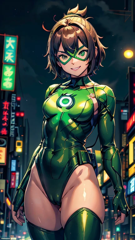 (8k),(masterpiece),(Japanese),(8--old l),((innocent look)),((Childish)),From the front,smile,cute,Innocent,Kind eyes,Flat chest,Hairless vagina, Cameltoe,Green Domino Mask,Green Lantern Costume,short,Hair blowing in the wind,Brown Hair,Strong wind,night,dark, Neon light cyberpunk city