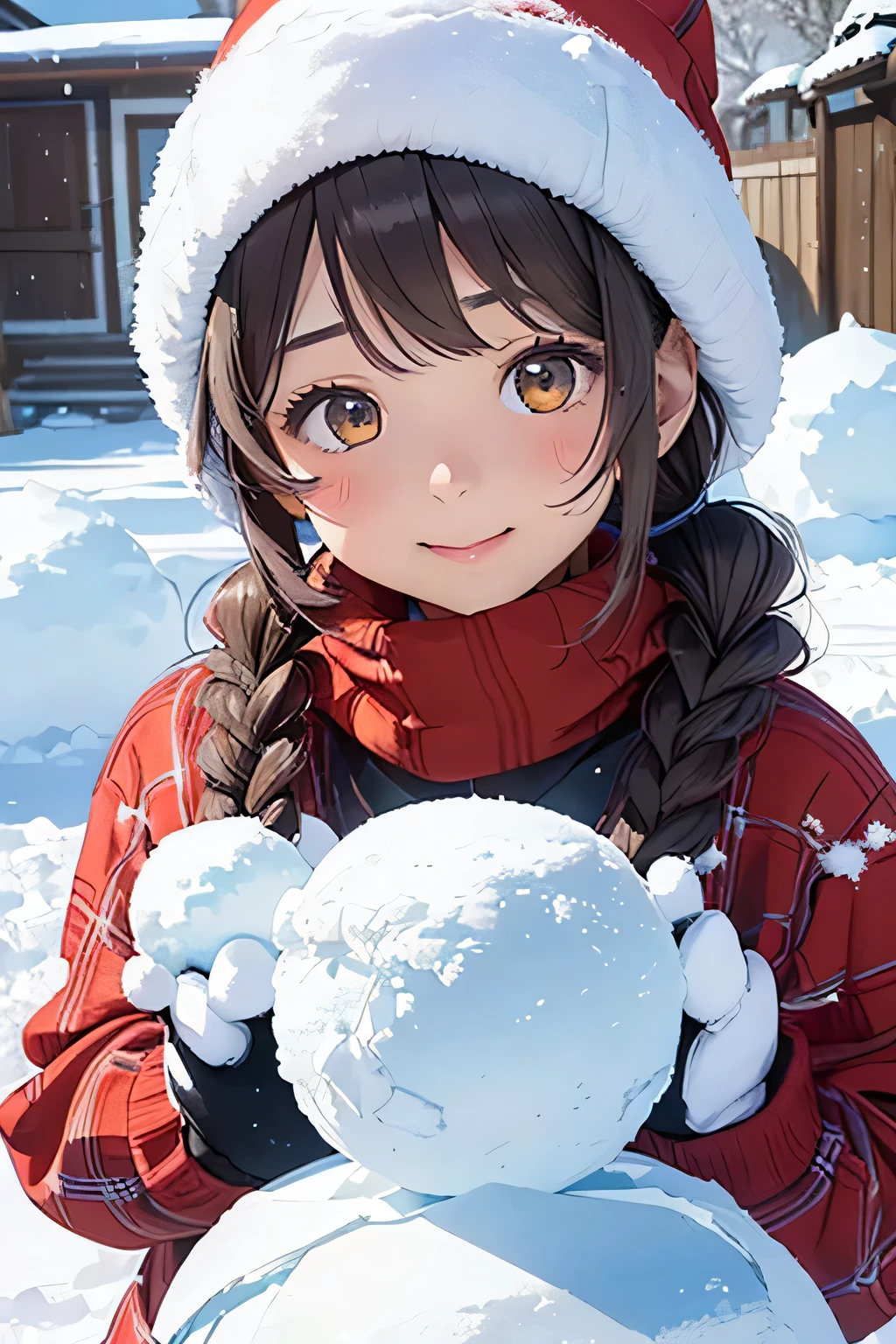 Highest quality、High resolution、Detailed Background、(Beautiful face in every detail:1.4)、Anatomically correct、Hide your fingers、Teenage beauty、Highly detailed face、Cute hair color、Braided bob cut、Braided Ponytail、Braided twin tails、well-groomed eyebrows、Perfect body line、Cute gestures、A is having fun making a snowman in the snow、Accessories such as hats and scarves、A girl shovels snow and throws it、(Girl having a snowball fight with friends in the snow:1.5)