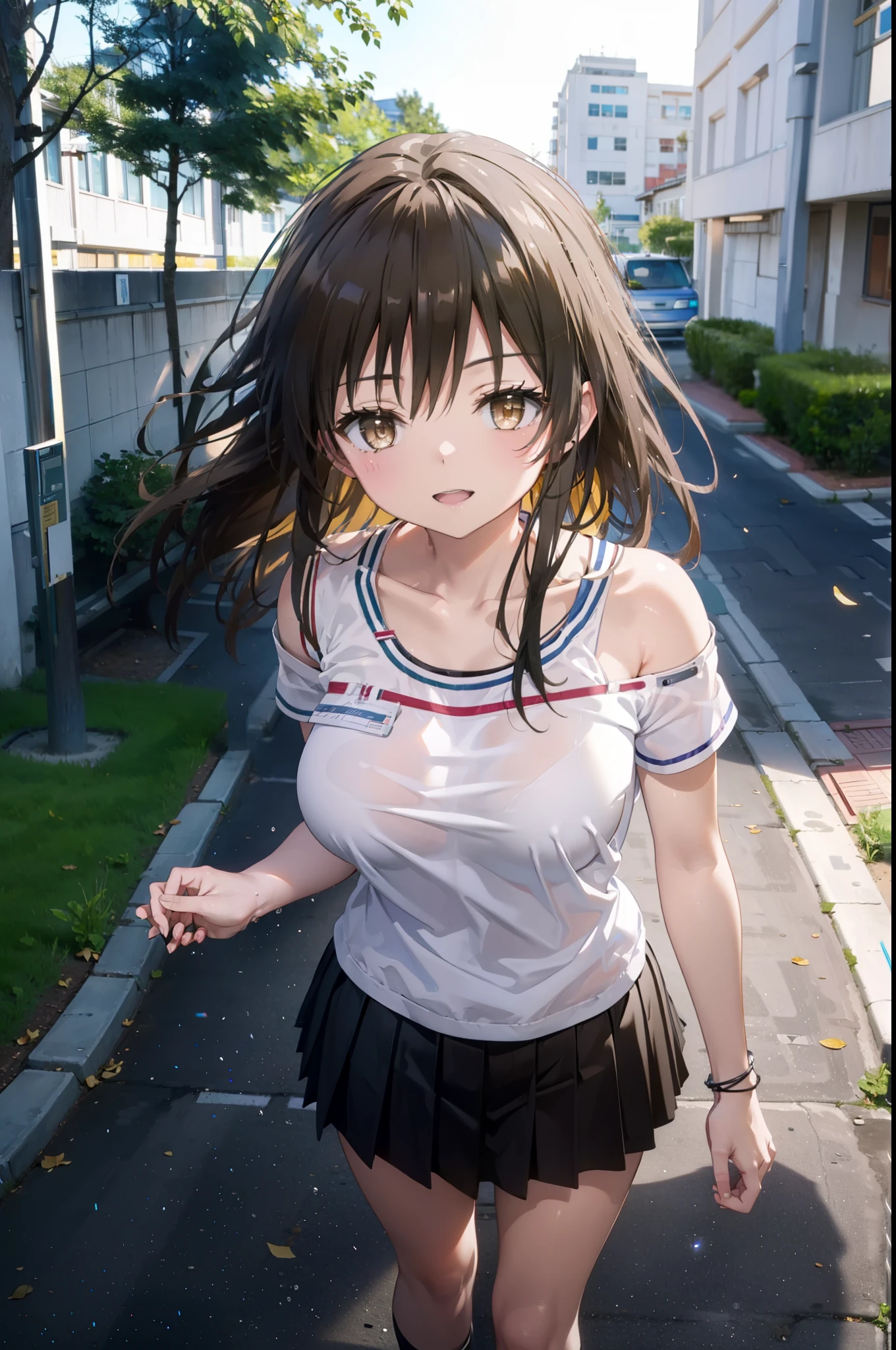 Yuikotegawa, yui kotegawa, Black Hair, (Brown eyes:1.5), Long Hair,Big Breasts,happy smile, smile, Open your mouth,Glasses,Cold shoulder tops,Short sleeve,mini skirt,Stiletto heels,Walking,morning,morning陽,The sun is rising,whole bodyがイラストに入るように,
break outdoors, School,school gate,
break looking at viewer, whole body,
break (masterpiece:1.2), Highest quality, High resolution, unity 8k wallpaper, (figure:0.8), (Beautiful attention to detail:1.6), Highly detailed face, Perfect lighting, Highly detailed CG, (Perfect hands, Perfect Anatomy),