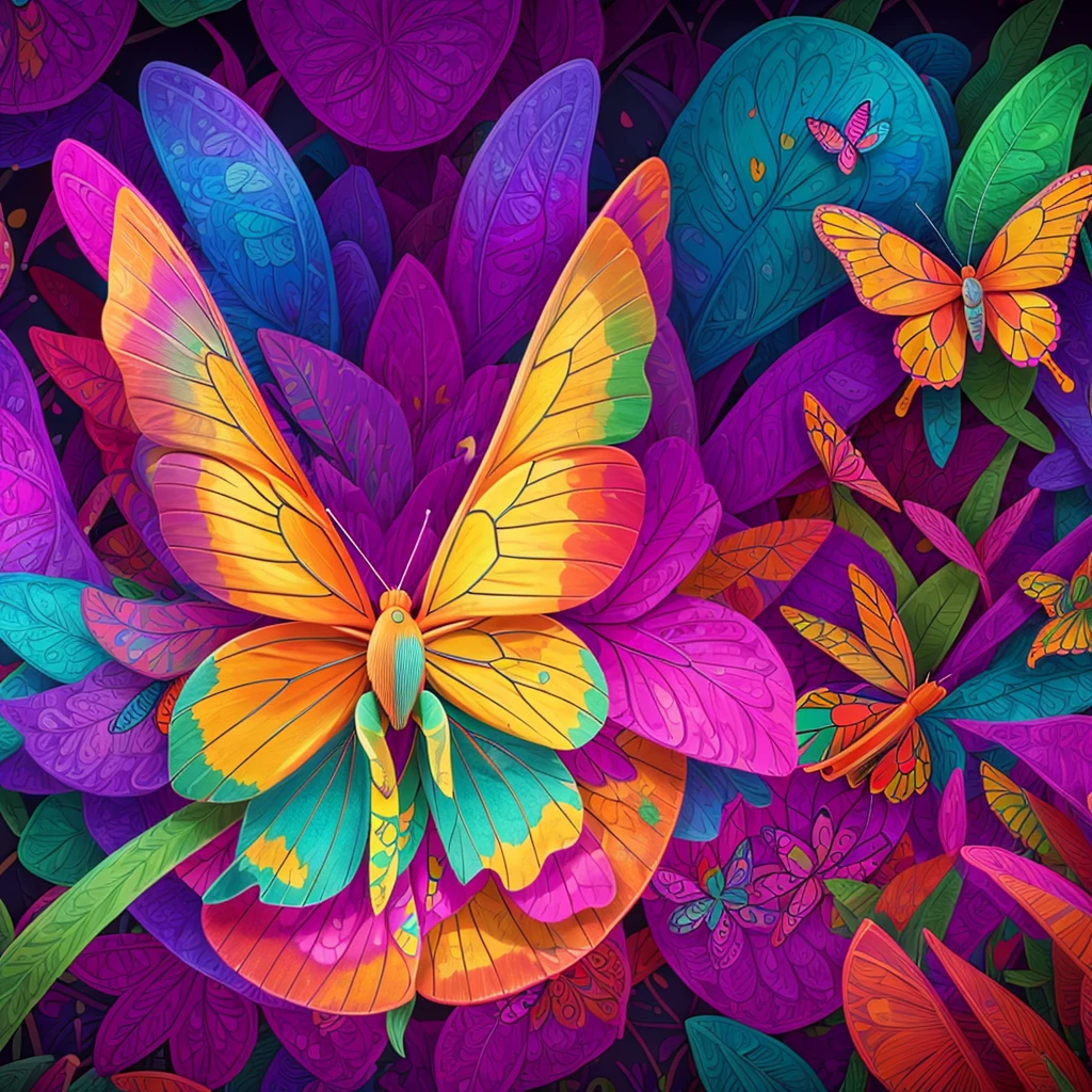 A vibrant, 70s-inspired hippie butterfly, its wings reflecting a burst of kaleidoscopic colors in an illustration, the butterfly's antennae curiously exploring a world of psychedelic flowers scattered in the background, iridiscent, ultra detailed, floral boho pattern, vivid hues, UHD drawing, pen and ink, dreamy apocalyptic landscape.