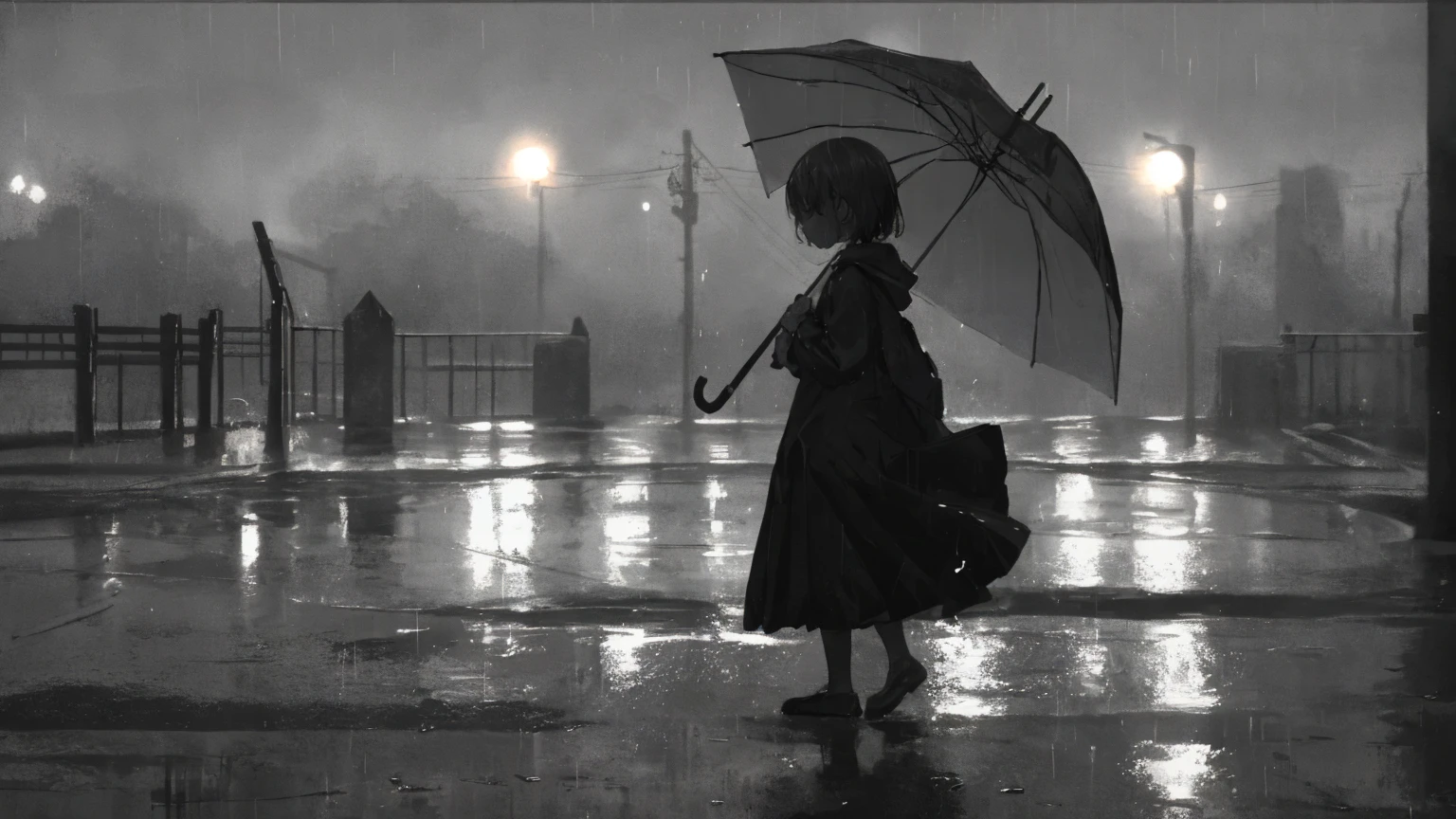 "A cinematic 16:9 aspect ratio scene captures a rainy day's mood as a young girl walks down a quiet road, her silhouette framed against the misty backdrop. She carries a bright yellow umbrella that stands out vividly against the grayscale of the rain-soaked street. The ambient light reflects off the wet pavement, creating a shimmering effect. The atmosphere is serene yet melancholic, with raindrops gently patterning against the umbrella and distant city lights blurred by the falling rain. This moment evokes a sense of solitude and introspection amidst the tranquil urban setting."