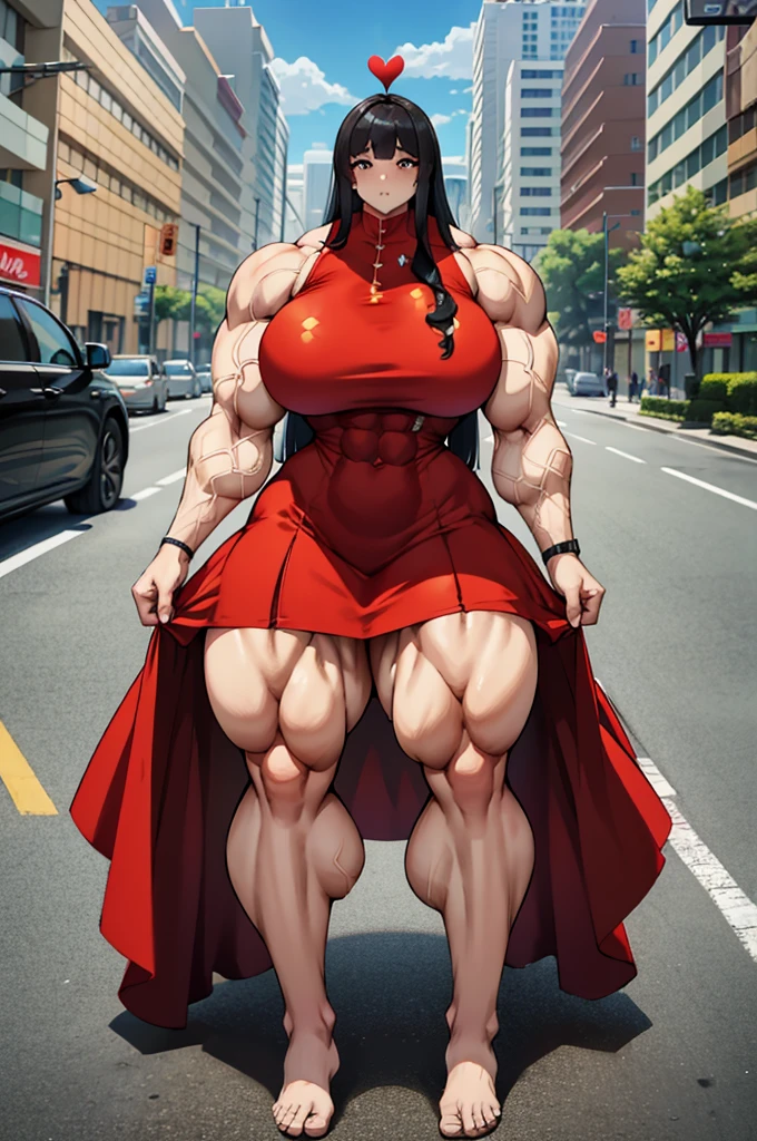 raffe woman in a red dress posing on a street, heavy looking, thicc, giantess art, highly detailed giantess shot, thick body, massive legs towering over you, muscular ultraviolent woman, powerful and huge, hyperrealistic full figure, exaggeratedly large physique, large muscles, extremely detailed giantess