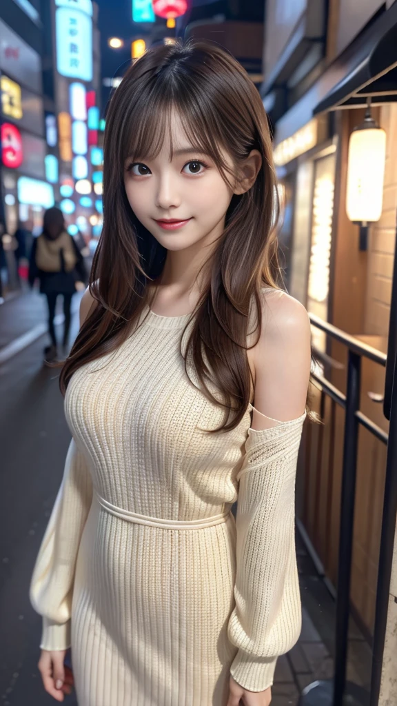 ​Masterpiece, 1 beautiful girl, A detailed eye, Puffy eyes, top-quality, 超A high resolution, (Realistic: 1.4), cinematic lighting, Japanese, Asian Beauty, Super beauty, Beautiful skin, A slender, Angle to shoot from the front, (A hyper-Realistic), (highlight resolution), (8K), (Very Detailed), (beautifully detailed eyes), (ultra-detailed)、 (wall-), A detailed face, Bright lighting, Professional lighting, looking at view, Facing straight ahead, (The costume  a knitted dress), Long hair, hair messy, asymmetrical bangs, night street scene, Brown hair, Japan idle, Korean Idol, posing Gravure Idol, age25, tall, smile,