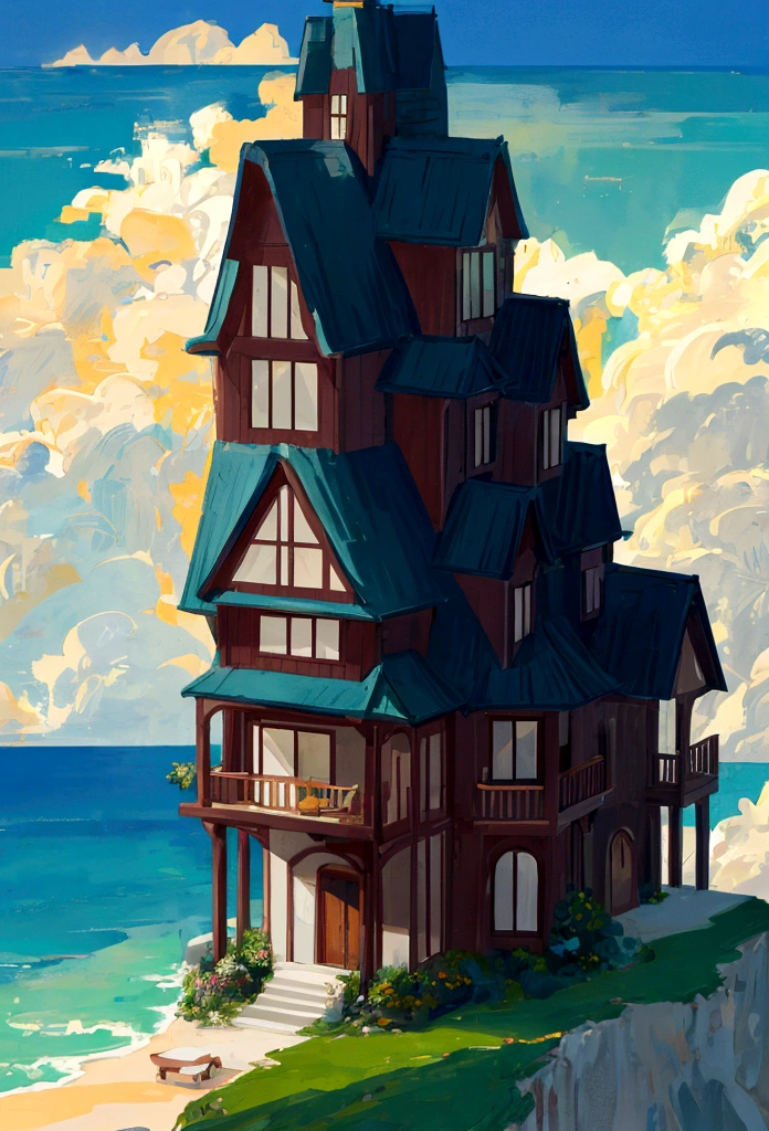 There is a mysterious house on the hill, A house with a round roof, The ocean stretches out in the distance, Humorous illustrations, Concept Art