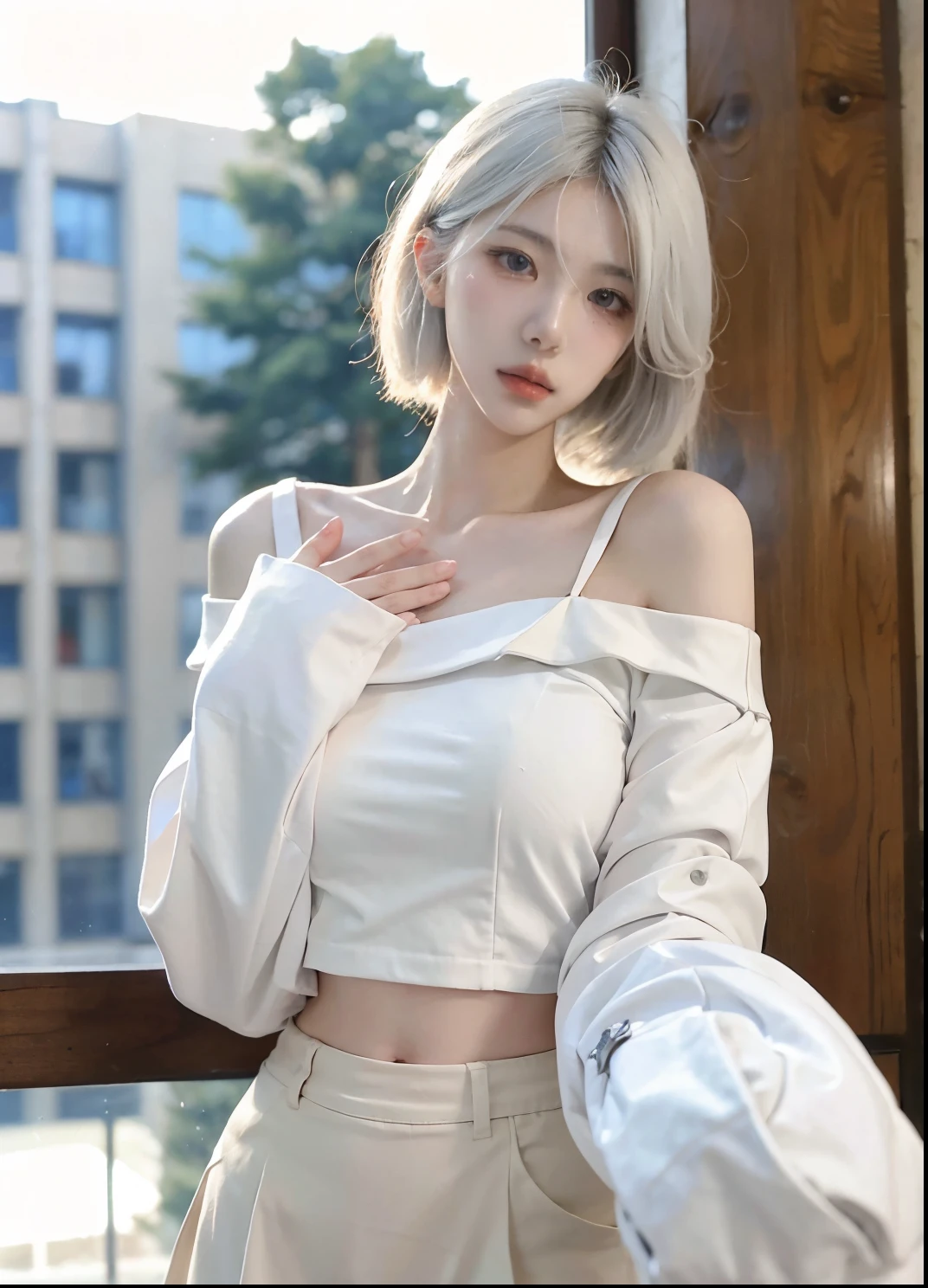 Beautiful woman with perfect figure:1.4,snow,Touching butt with both hands,snow背景,Layered Hairstyle,White skin,Prominent cleavage,Pleated Skirt,whole body,Very delicate face and skin texture,Double eyelids,Skin Whitening,Long white hair