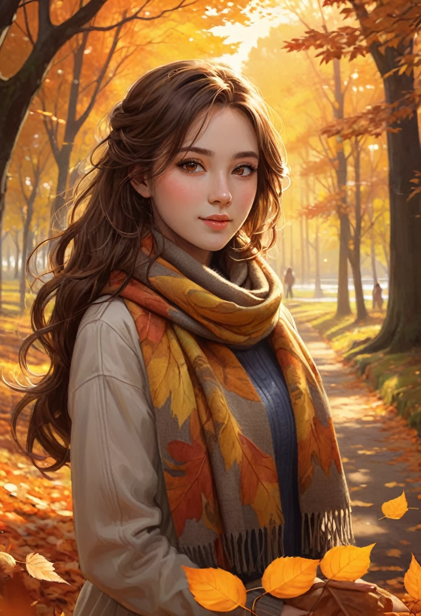 1 girl, vibrant autumn leaves swirling, Brown hair, golden eyes that reflect the tones of the sunset, cozy wool scarf, Warm earth tones, nestled at the edge of the forest, gentle breeze, Masterpiece, Best Quality,, Official Art, professional, unity wallpaper 8k