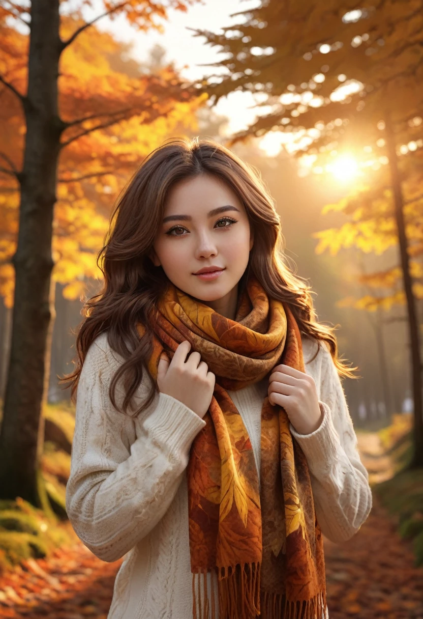 1 girl, vibrant autumn leaves swirling, Brown hair, golden eyes that reflect the tones of the sunset, cozy wool scarf, Warm earth tones, nestled at the edge of the forest, gentle breeze, Masterpiece, Best Quality,, Official Art, professional, unity wallpaper 8k