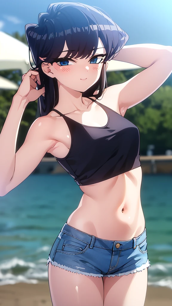 True Face　stand　alone　afternoon　bright　from the front　straight　low length　Cowboy Shot　Place your arms behind your head　Belly button　Ocean　Beach　Show me your armpit hair　Beauty　blush　Tank top　Shorts　smile　Ocean岸　綺麗なOcean　Surprised eyes