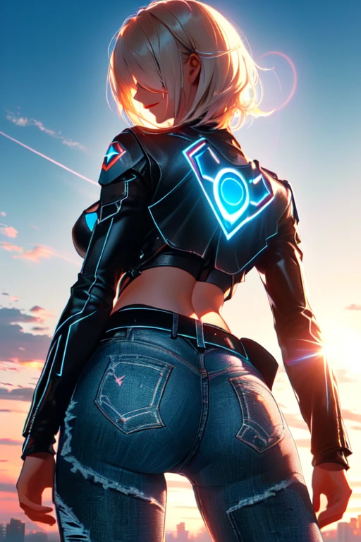 Supergirl, (tanned young woman, (blonde, blue colored eyes, short hair covering one eye, tanned skin with panty lines, perfectbody, perky breasts, hardnipples), red lipgloss stick, (black leather jacket, with small Superman symbol on the arm, yellow Seperman symbol embroidered on the back, tight blue tank top with small Superman symbol on the left side of the chest, exposed abdomen, black leather belt, low waist jeans, Vemeho sneakers), Masterpiece artwork, high qualiy, back-illuminated)) natural lighting, high qualiy, Masterpiece artwork , hair blonde, hair over one eye, glare eyes, glare eyes, seducing smile, Hyper-Realism, image fill, Lens flare, from behind olhando para a camera, precise, anatomically correcte, texturized skin, super detaill, hair blonde, hair over one eye, glare eyes , glare eyes, seducing smile, Hyper-Realism, image fill, under, Lens flare, from behind, from behind, 8K, uhd, 8K, precise, uhd, anatomically correcte, texturized skin, super detaill, 8