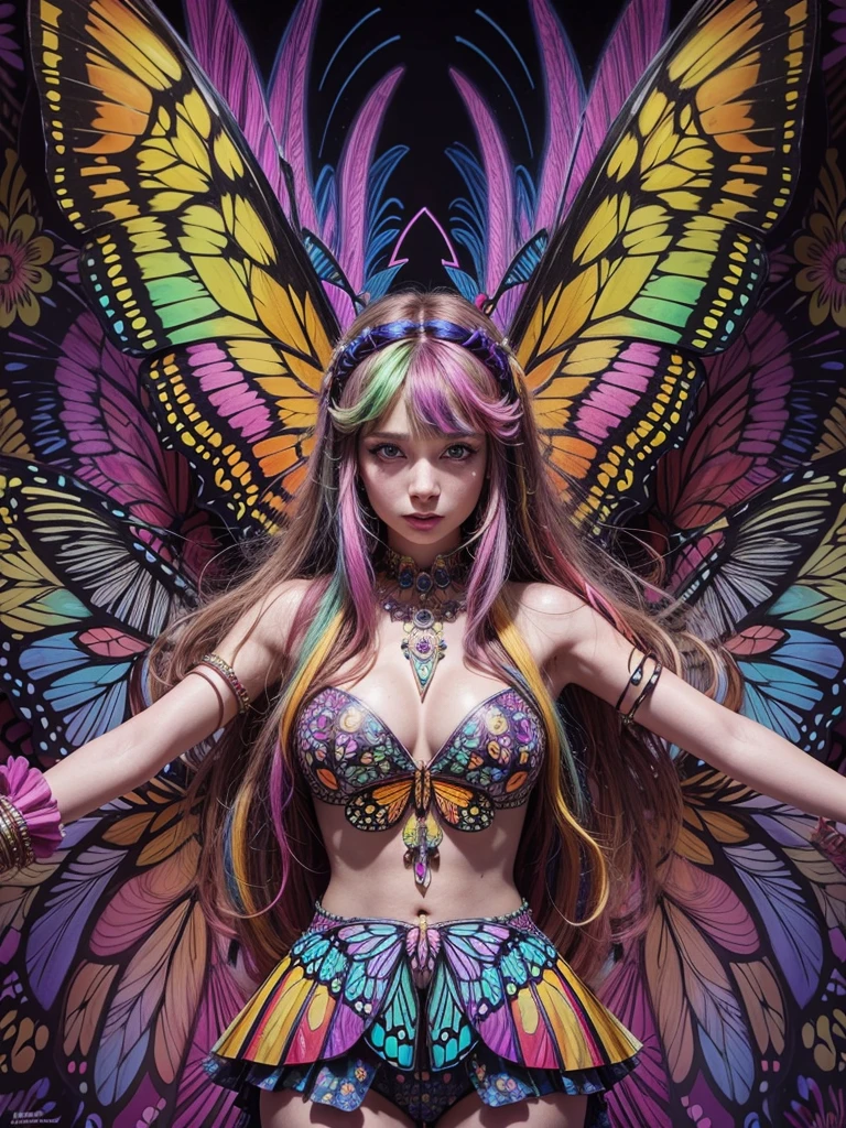 A vibrant, 70s-inspired hippie butterfly, its wings reflecting a burst of kaleidoscopic colors in an illustration, the butterfly's antennae curiously exploring a world of psychedelic flowers scattered in the background, iridiscent, ultra detailed, floral boho pattern, vivid hues, UHD drawing, pen and ink, dreamy apocalyptic landscape.