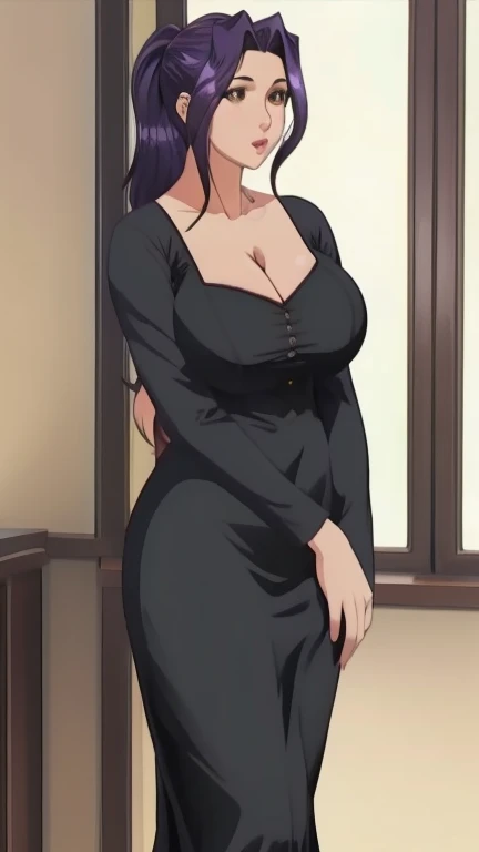 1 Girl, Solitary, Long hair, Large Breasts, cleveage, Brown eyes, Ponytail, Purple Hair, black moralityress, ,  , Mature female,((Full and soft breasts,)))(((Huge breasts))) (((Cleavage)))) wimoralityow, :morality, (masterpiece: 1.0), (the best_quality: 1.0), 