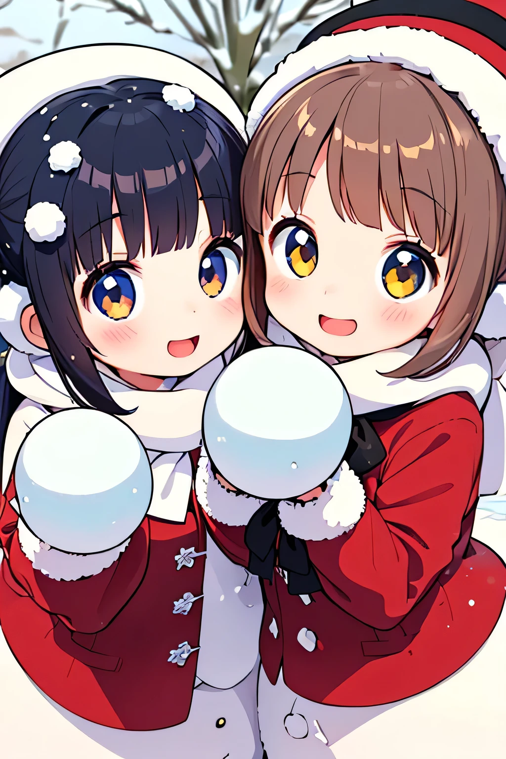 Highest quality、High resolution、Detailed Background、(Beautiful face in every detail:1.4)、Anatomically correct、Hide your fingers、Teenage beauty、(Highly detailed face)、Cute hair color、Bobcut、ponytail、Twin tails、well-groomed eyebrows、Perfect body line、Cute gestures、A big smile、smile、Accessories such as hats and scarves、(Two girls having fun with a snowball fight in the snow with their friends:1.5)
