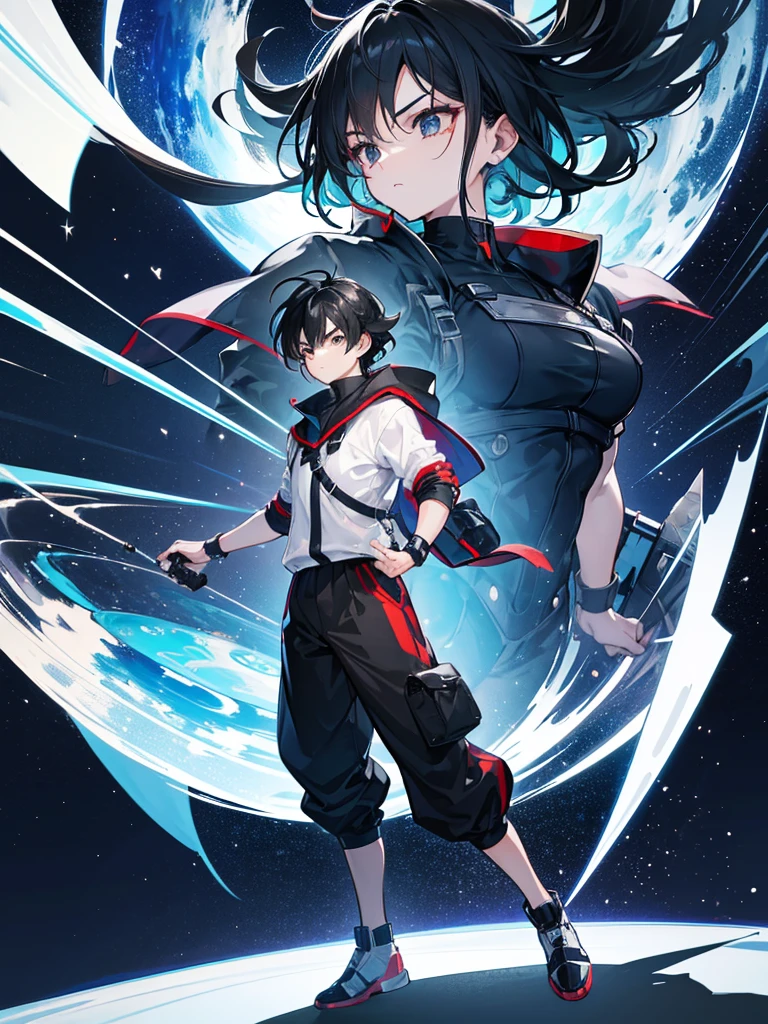 A young boy with thick, messy black hair, and jet black eyes, designed in the style of Dragon Ball Z. You are aboard a futuristic and advanced spaceship. The ship has an elegant and aerodynamic design, with bright LED lights that illuminate the interior. The boy is standing near a large panoramic window that offers a stunning view of the planet Earth, suspended in the vast dark space. The ship&#39;s cabin is equipped with control panels full of buttons and holographic screens that display various data and graphs.. There are ergonomic seats and metal structures that suggest both comfort and cutting-edge technology.. The exterior of planet Earth is seen in all its splendor, with its blue oceans and clearly visible continents, highlighting the beauty of the home from the immensity of space. The scene should capture the iconic and dynamic style of the anime, with details that highlight the futuristic atmosphere, adventure and the loneliness of space.