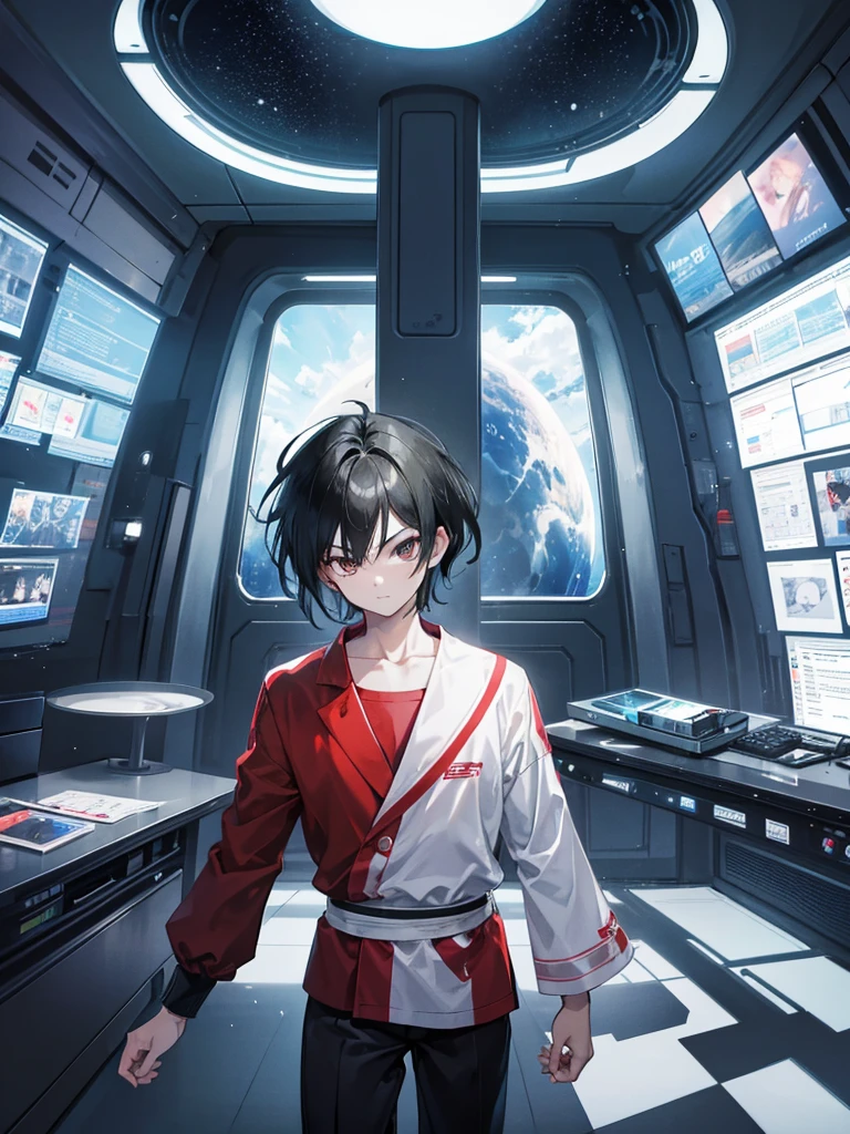 A young boy with thick, messy black hair, and jet black eyes, designed in the style of Dragon Ball Z. You are aboard a futuristic and advanced spaceship. The ship has an elegant and aerodynamic design, with bright LED lights that illuminate the interior. The boy is standing near a large panoramic window that offers a stunning view of the planet Earth, suspended in the vast dark space. The ship's cabin is equipped with control panels full of buttons and holographic screens that display various data and graphs.. There are ergonomic seats and metal structures that suggest both comfort and cutting-edge technology.. The exterior of planet Earth is seen in all its splendor, with its blue oceans and clearly visible continents, highlighting the beauty of the home from the immensity of space. The scene should capture the iconic and dynamic style of the anime, with details that highlight the futuristic atmosphere, adventure and the loneliness of space.