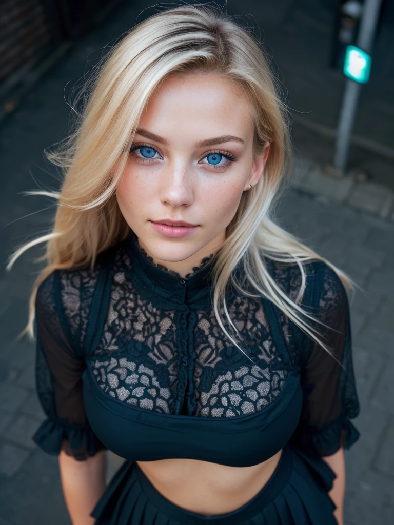 (selfie, view from above: 1.4), (straight half body,: 1.4), Portrait photo of a 24-year-old blonde in RAW UHD format. (blue eyed woman) Walking through dark alleys, big breasts,, город nightю, (skirt), (cutout), details (textured! , hair! , shine, color!! , deficiency: 1.1), brilliant eyes with high detail (looking at the camera), mirror lighting, SLR camera, ultra quality, Sharpness, depth of field, Granularity (center), FUDS HT3, crystal Clean, Frame center, Beautiful face, sharp focus, Street light, neon lighting, hips (dim), night, (night sky), detailed skin pores, oily skin, sunburn, intricate eye details, whole body, big breasts