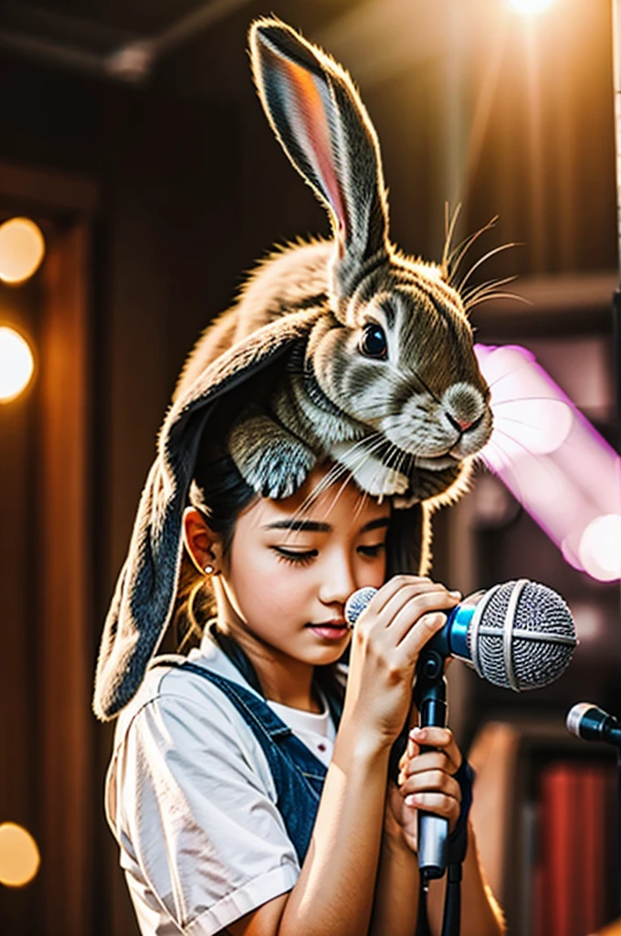 A GIRL BUNNY THAT HOLDS A MICROPHONE AND SUPER CUTE NOT A HUMAN PLS JUST A BUNNY ANIMAL