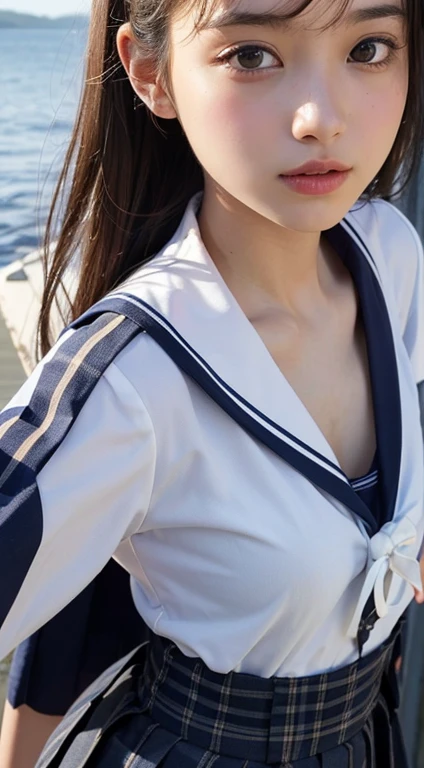 (close up:1.5), raw ((Portrait)), (Best Quality), (Realistic, Photorealsitic:1.3), Best Quality, masterpiece, extremely delicate and beautiful, Extremely detailed ,nffsw , amazing, finely detail, Highly detailed ticker Unity 8k wallpaper, huge filesize , Ultra-detailed, high resolution, Extremely detailed, Strong winds are blowing,  low pony tail,  (((a sailor suit))),  (((Junior High School Uniforms:1.2))),((Navy Blue Check Pleated Skirt Long Length:1.4)), (((a high school student))), slender, (tiny chest:1.6), Dynamic Pose, dynamic angle, ((nffsw)), Hair blown in the wind