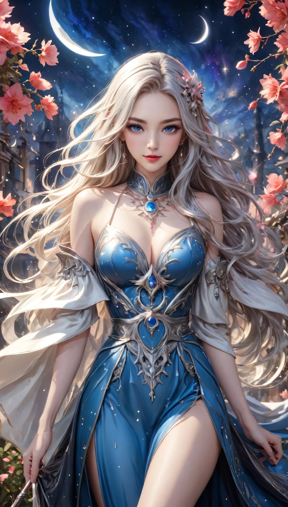 8K resolution, masterpiece, Highest quality, Award-winning works, unrealistic, From above, erotic, sole sexy lady, healthy shaped body, 22 years old, white mage, 170cm tall, huge firm bouncing busts,, white silver long wavy hair, Detailed facial depictions, Break, Mysterious blue eyes, Standard nose, Eyeliner, pink lips, sexy long legs, Clear skin, knight, A gorgeous long walking stick in seven colors, Gothic , Gothic ruffle long dress, A dress with a complex structure, Seven-colored colorful dress, Clothed in flames, Phoenix Crest, elegant, Very detailed, Delicate depiction of hair, miniature painting, Digital Painting, artステーション, コンセプトart, Smooth, Sharp focus, shape, artジャム、Greg Rutkowski、Alphonse Mucha、William Adolphe Bouguereau、art：Stephanie Law , Royal Jewel, nature, Symmetric, Greg Rutkowski, Charlie Bowwater, Unreal, Surreal, Dynamic Lighting, ファンタジーart, Complex colors, Colorful magic circle, flash, dynamic sexy poses, A kind smile, Mysterious Background, Aura, A gentle gaze, BREAK, Small faint lights and flying fireflies, night, lanthanum, 山の頂From above下界を見下ろす, Starry Sky, milky way, nebula, shooting star, Flowers, birds, wind and moon, (Back view, Looking back towards the camera:1.3),