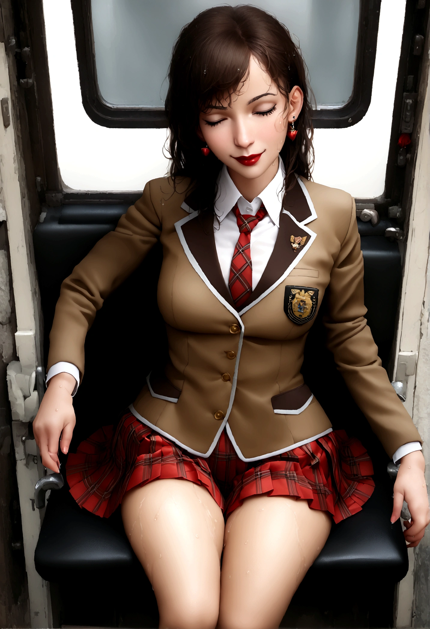 Inside the train、(Ejaculation-only vehicle)、(8K), (Highest quality: 1.2), (Realistic), (Realistic: 1.37), Ultra-high resolution, 1 Girl, cute, smile, Mouth closed, Beautiful details, Beautiful Nose, Wet Hair, Giant Dulcefo, pork,University uniform,A simple blazer,Micro mini pleated skirt,Please sit down,Opaque tights,From above,Thighs(8K), (Highest quality: 1.2), (Realistic), (Realistic: 1.37), Ultra-high resolution, 1 Girl, cute, smile, Mouth closed, Beautiful details, Beautiful Nose, Wet Hair, Red lips,Small earrings,Giant Dulcefo, pork, Thighs，Self Snap,University Uniforms,Sit with your legs spread apart on the seat,Look down,from the front,(A simple light brown blazer),(Dark brown ultra-mini pleated skirt),(Dark red bow tie),(The skirt and tie are tartan....:1.3),濡れたThighs,Knee-high tights,(Thighsにクローズアップ1)、((Knee-high tightsに大量‼︎))、She&#39;s a training potty！