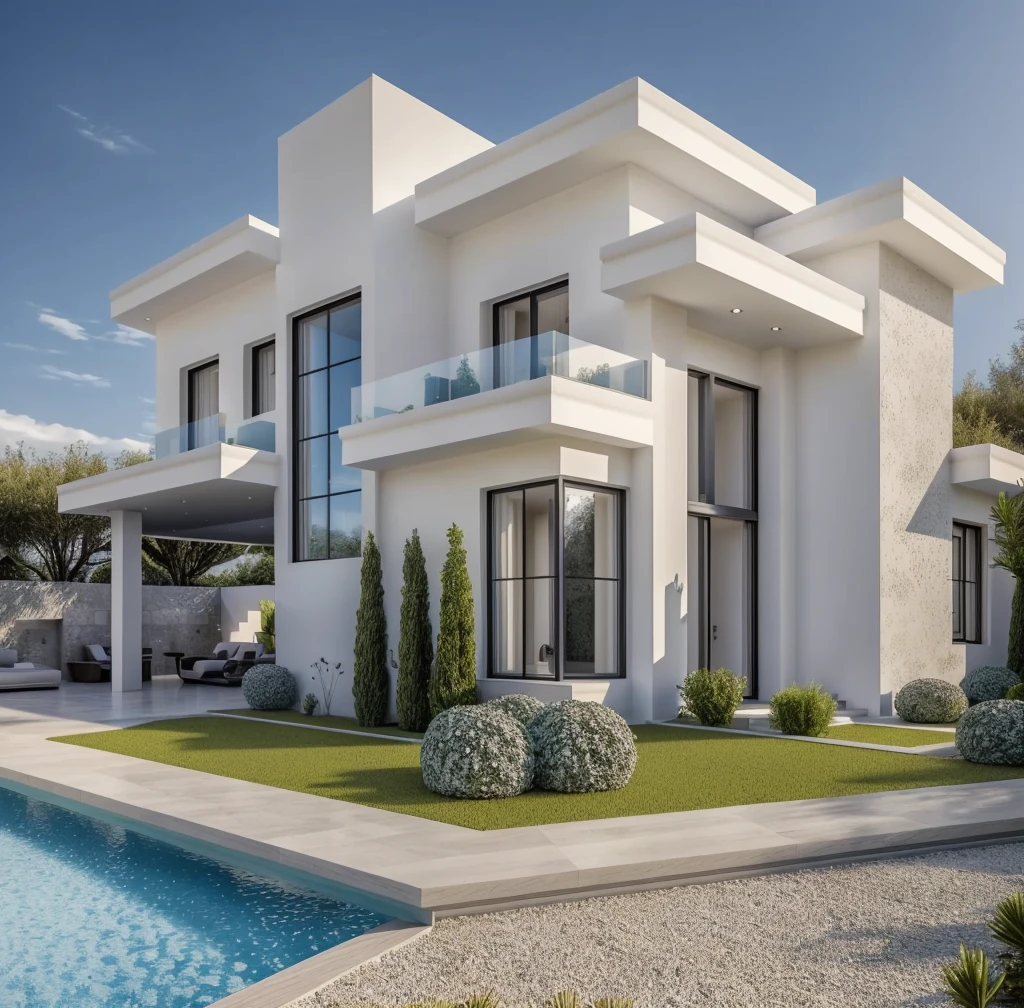 PLATEFORME KTHOUSE, 1 deadly villa, beaucoup de colle blanche:1.4, 1 large courtyard, 1 road passes in front of the house, (Photo brute, real, best quality, head of&#39;artwork:1.2), avoir l&#39;modern and minimalist look, 1 route devant la maison, dynamic lighting:1.3, (hyper realistic, photo-realistic:1.2), High quality, (dark lighting:1.2), perfect lighting, archquotidiennement, no&#39;humain, light at noon, light in the door:1.2