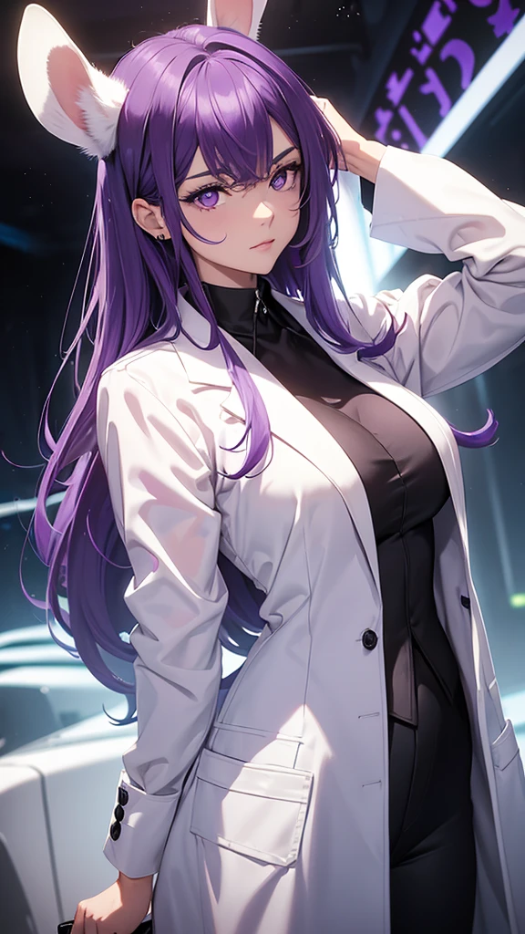 Woman;
cientist;
white labcoat;
black blouse;
Mid breasts;
purple eyes;
cabelo roxo;
(((Grandes orelhas de rabbit roxo;)))
Orelhas na cor roxa