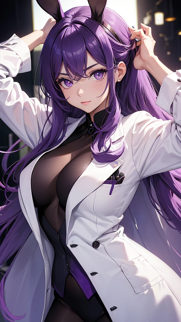 Woman;
cientist;
white labcoat;
black blouse;
Mid breasts;
purple eyes;
cabelo roxo;
(((Grandes orelhas de rabbit roxo;)))
Orelhas na cor roxa