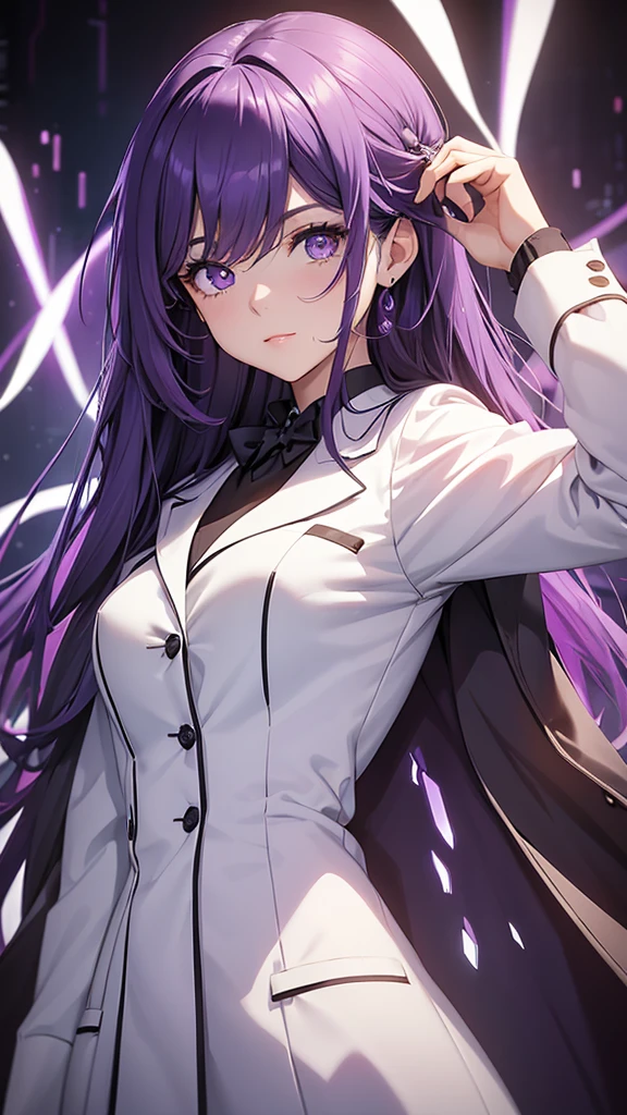 Woman;
cientist;
white labcoat;
black blouse;
Mid breasts;
purple eyes;
cabelo roxo;
(((Grandes orelhas de rabbit roxo;)))
Orelhas na cor roxa