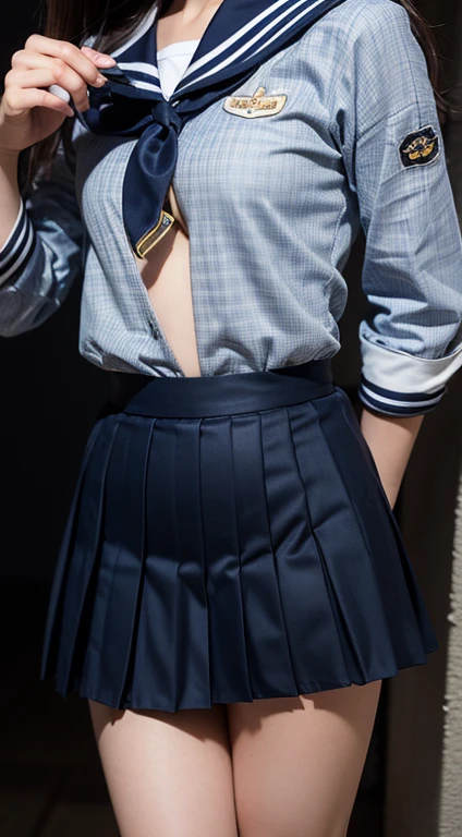 (close up:1.5), raw ((Portrait)), (Best Quality), (Realistic, Photorealsitic:1.3), Best Quality, masterpiece, extremely delicate and beautiful, (cleavage:1.3), Extremely detailed ,nffsw , amazing, finely detail, Highly detailed ticker Unity 8k wallpaper, huge filesize , Ultra-detailed, high resolution, Extremely detailed, Strong winds are blowing, low pony tail, (((a sailor suit))), (((Junior High School Uniforms:1.2))),((Navy Blue Check Pleated Skirt Long Length:1.4)), (((a high school student))), slender, (tiny chest:1.6), Dynamic Pose, dynamic angle, ((nffsw)), Hair blown in the wind