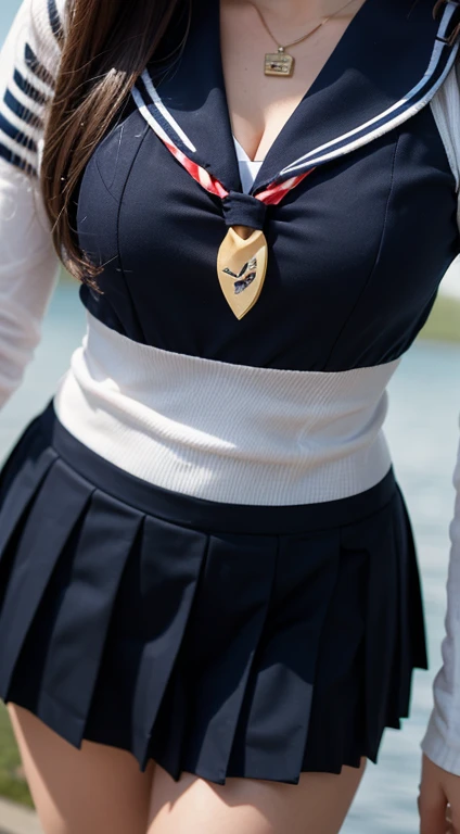 (close up:1.5), raw ((Portrait)), (Best Quality), (Realistic, Photorealsitic:1.3), Best Quality, masterpiece, extremely delicate and beautiful, (cleavage:1.3), Extremely detailed ,nffsw , amazing, finely detail, Highly detailed ticker Unity 8k wallpaper, huge filesize , Ultra-detailed, high resolution, Extremely detailed, Strong winds are blowing, low pony tail, (((a sailor suit))), ((( Uniforms:1.2))),((Navy Blue Check Pleated Skirt Long Length:1.4)), (((a high school student))),y chest:1.6), Dynamic Pose, dynamic angle, ((nffsw)), Hair blown in the wind