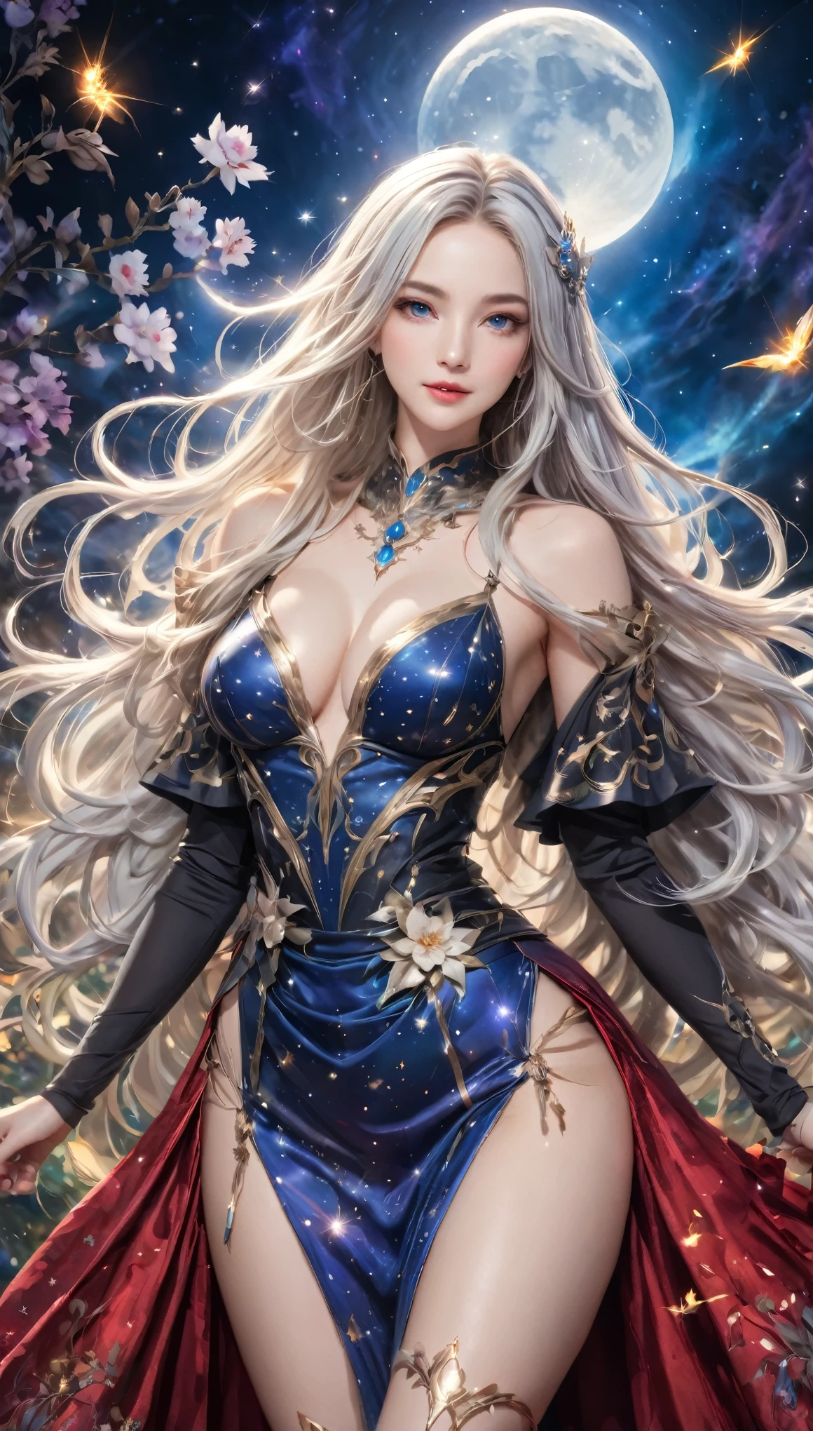 8K resolution, masterpiece, Highest quality, Award-winning works, unrealistic, From above, erotic, sole sexy lady, healthy shaped body, 22 years old, white mage, 170cm tall, huge firm bouncing busts,, white silver long wavy hair, Detailed facial depictions, Break, Mysterious blue eyes, Standard nose, Eyeliner, pink lips, sexy long legs, Clear skin, knight, A gorgeous long walking stick in seven colors, Gothic , Gothic ruffle long dress, A dress with a complex structure, Seven-colored colorful dress, Clothed in flames, Phoenix Crest, elegant, Very detailed, Delicate depiction of hair, miniature painting, Digital Painting, artステーションコンセプトart, Smooth, Sharp focus, shape, artジャム、Greg Rutkowski、Alphonse Mucha、William Adolphe Bouguereau、art：Stephanie Law , Royal Jewel, nature, Symmetric, Greg Rutkowski, Charlie Bowwater, Unreal, Surreal, Dynamic Lighting, ファンタジーart, Complex colors, Colorful magic circle, flash, dynamic sexy poses, A kind smile, Mysterious Background, Aura, A gentle gaze, BREAK, Small faint lights and flying fireflies, night, lanthanum, 山の頂From above下界を見下ろす, Starry Sky, milky way, nebula, shooting star, Flowers, birds, wind and moon, (Back view, Looking back towards the camera:1.3),