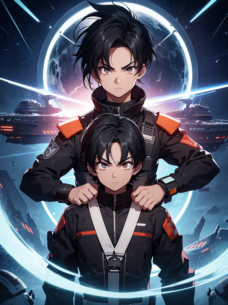 A young boy with thick, messy black hair, and jet black eyes, designed in the style of Dragon Ball Z. You are aboard a futuristic and advanced spaceship. The ship has an elegant and aerodynamic design, with bright LED lights that illuminate the interior. The boy is standing near a large panoramic window that offers a stunning view of the planet Earth, suspended in the vast dark space. The ship&#39;s cabin is equipped with control panels full of buttons and holographic screens that display various data and graphs.. There are ergonomic seats and metal structures that suggest both comfort and cutting-edge technology.. The exterior of planet Earth is seen in all its splendor, with its blue oceans and clearly visible continents, highlighting the beauty of the home from the immensity of space. The scene should capture the iconic and dynamic style of the anime, with details that highlight the futuristic atmosphere, adventure and the loneliness of space.