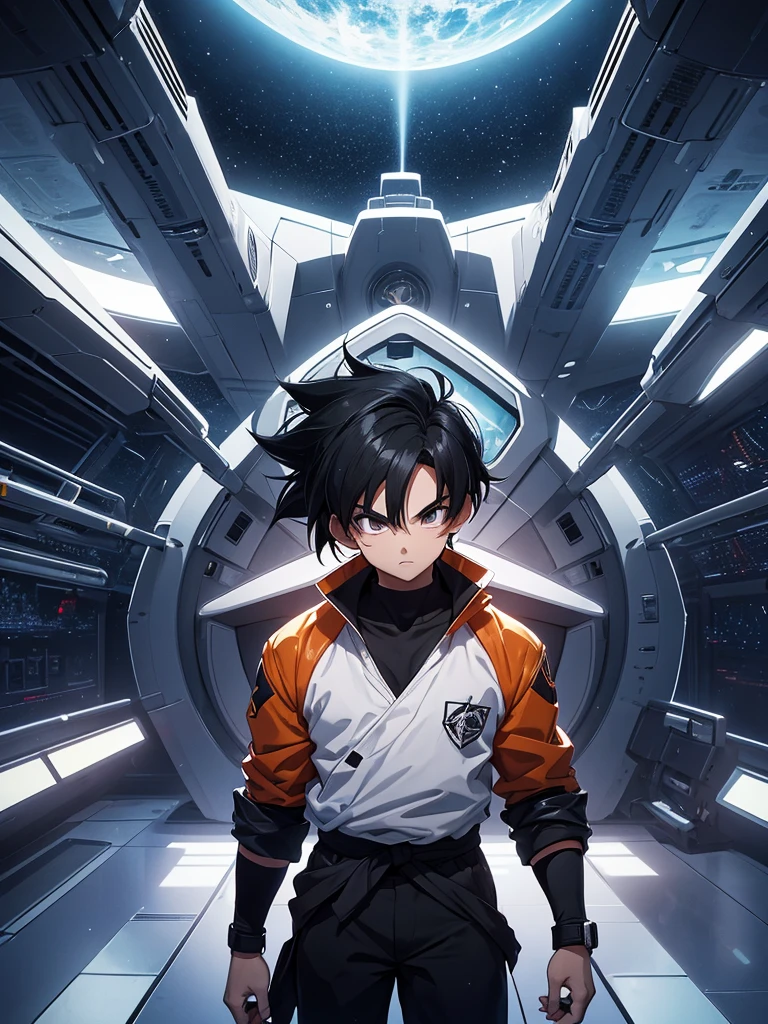 A young boy with thick, messy black hair, and jet black eyes, designed in the style of Dragon Ball Z. You are aboard a futuristic and advanced spaceship. The ship has an elegant and aerodynamic design, with bright LED lights that illuminate the interior. The boy is standing near a large panoramic window that offers a stunning view of the planet Earth, suspended in the vast dark space. The ship's cabin is equipped with control panels full of buttons and holographic screens that display various data and graphs.. There are ergonomic seats and metal structures that suggest both comfort and cutting-edge technology.. The exterior of planet Earth is seen in all its splendor, with its blue oceans and clearly visible continents, highlighting the beauty of the home from the immensity of space. The scene should capture the iconic and dynamic style of the anime, with details that highlight the futuristic atmosphere, adventure and the loneliness of space.